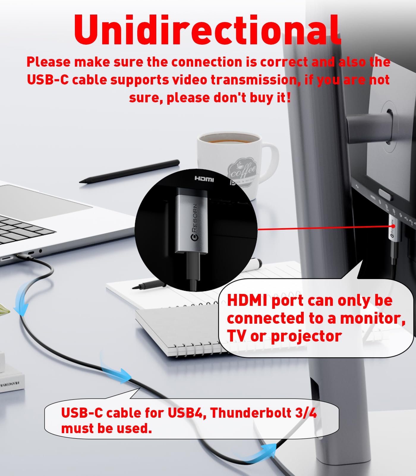 Reborn Usb C Female To Hdmi Male Adapter | 4K Uni Directional Usb Type C Source To Hdmi 2.0 Display Converter Thunderbolt 3/4 To