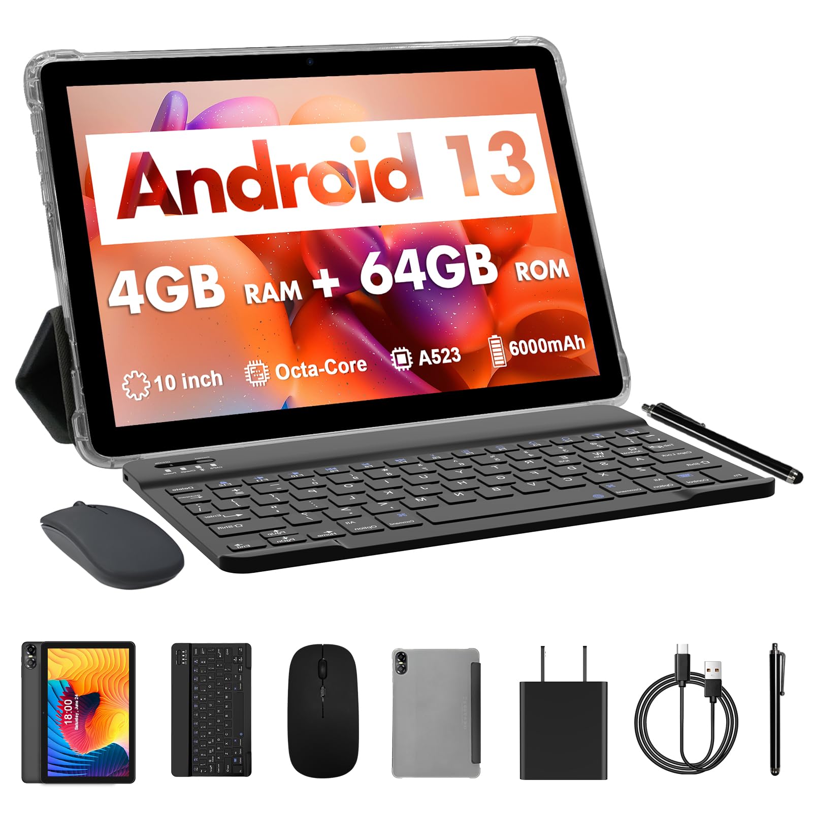 Vasoun Tablet 10 Inch Android 13, (4+4Gb Expand) Ram 64Gb Rom, 2 In 1 Tablets With 2.4/5G Wifi, Bt 5.0, Leather Case, Keyboard,M