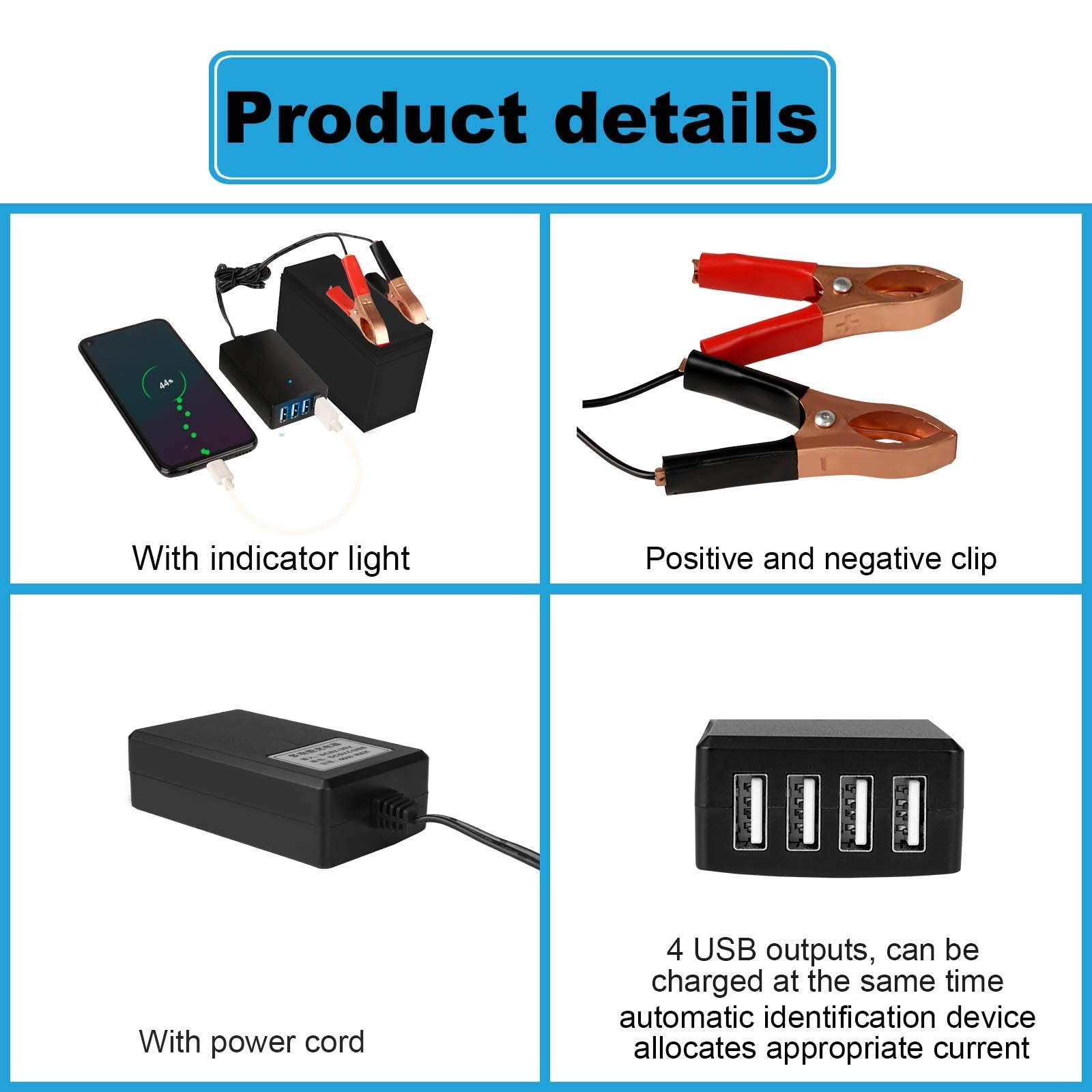 Dc Converter With Battery Clip 12V 24V To 5V 8A Usb Power Adapter Buck Regulator Charger, 4 Ports Automatically Identify Shunt C