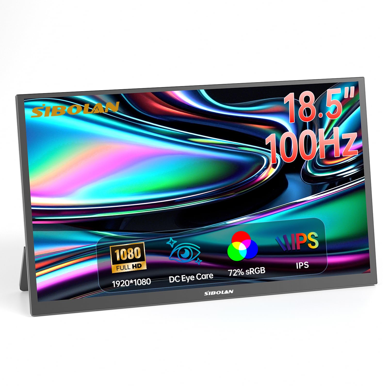 sibolan Portable Monitor 18.5inch 1080P FHD 100Hz Refresh Rate Gaming Monitor, 72% sRGB, IPS Panel, Dual USB-C & Mini-HDMI for L