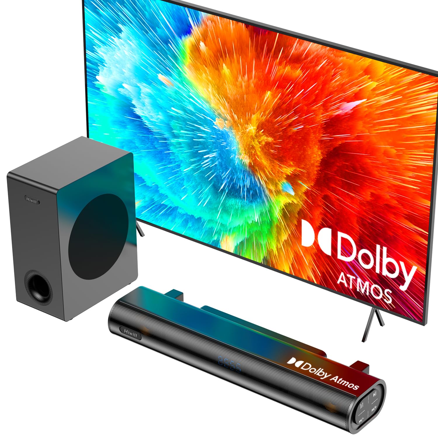Hiwill Dolby Atmos Sound Bar For Smart Tv, 200W Peak Power, Home Theater Soundbar For Tv With Subwoofer, Adjustable Treble And B
