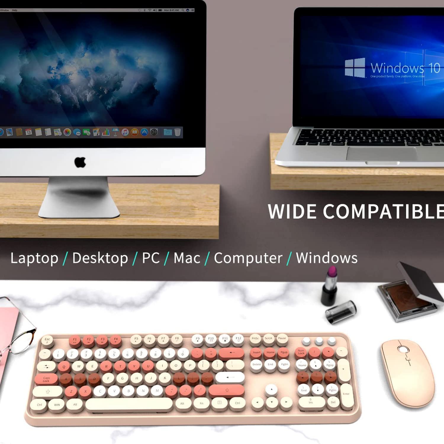 FOPETT V2020 Wireless Keyboard and Mouse Set 2.4 GHz Milk Tea