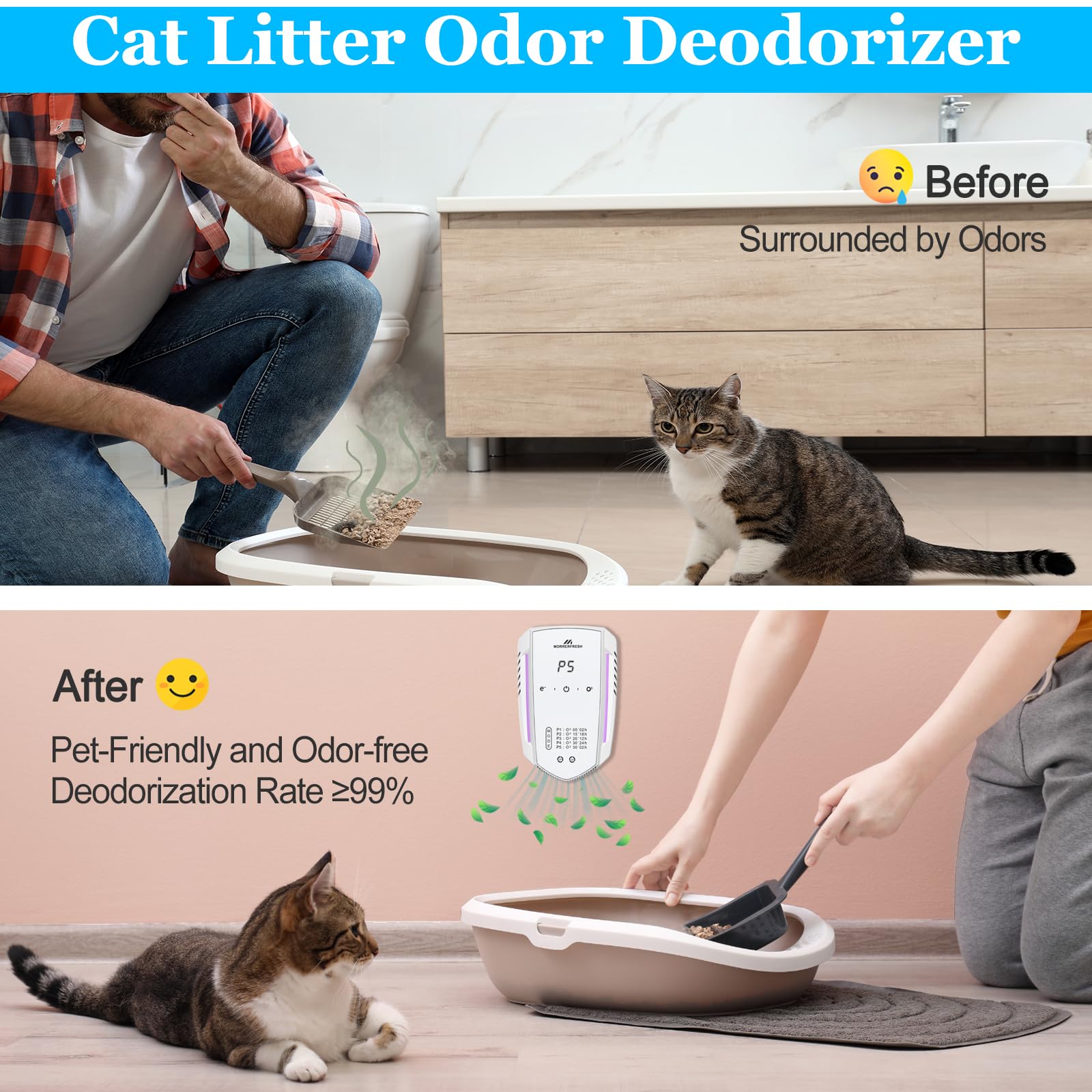 Morrerfresh Ozone Odor Eliminator For Strong Odor 99% Cat Litter Deodorizer Dog Poof Odor Removal Air Ionizers For Home Portable