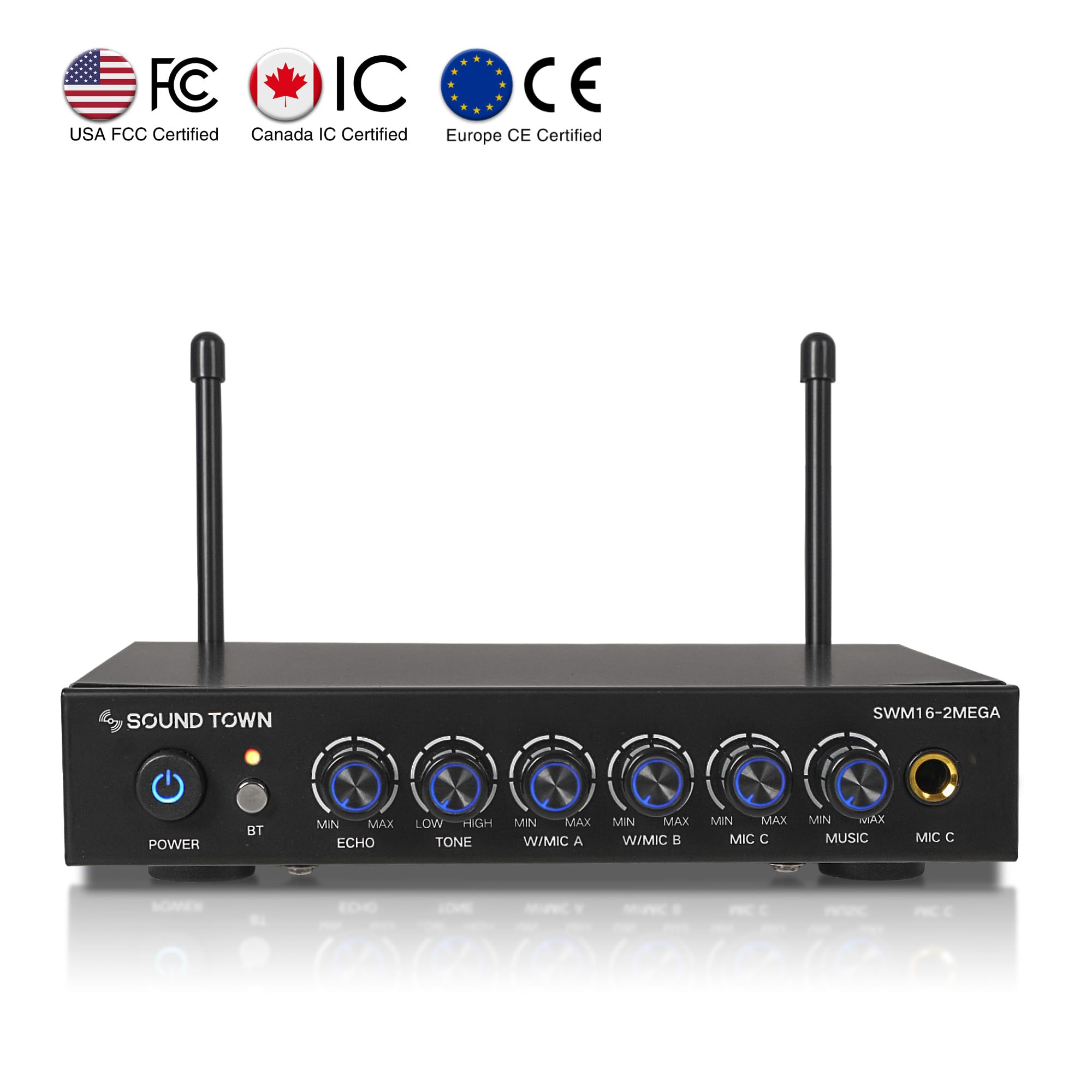 Sound Town 100 Channels Wireless Microphone Karaoke Mixer System With 2 Metal Handheld Microphones, Optical (Toslink), Aux, For