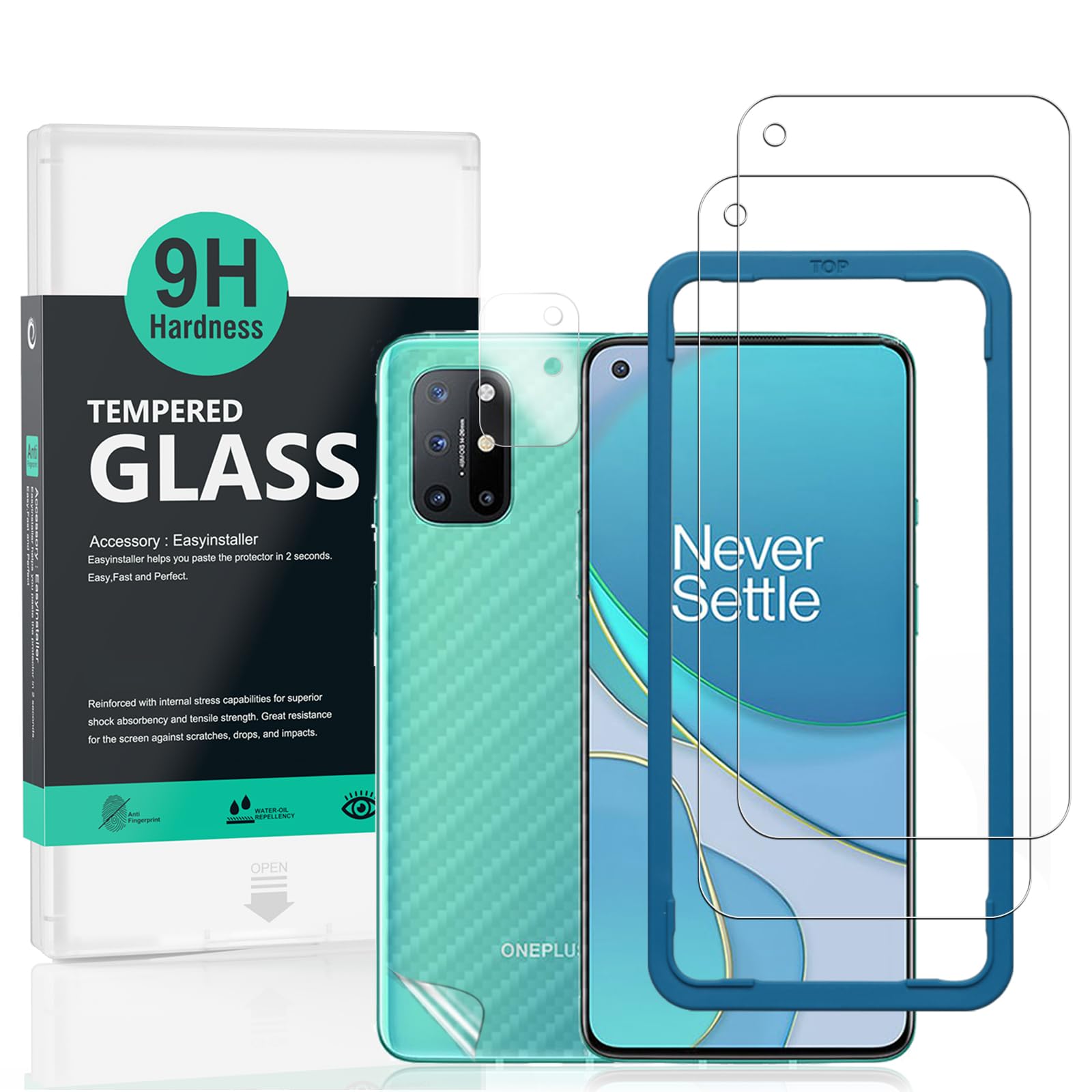 Ibywind Screen Protector For Oneplus 8T,With 2Pcs Tempered Glass,1Pc Camera Lens Protector,1Pc Backing Carbon Fiber Film [Finger