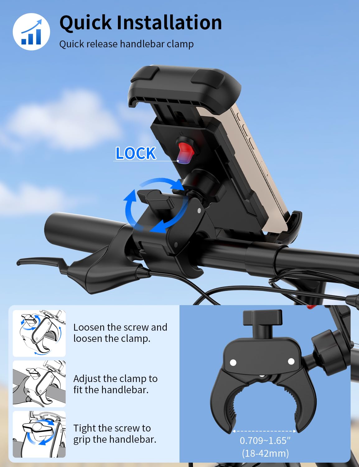 Bike Phone Holder, Motorcycle Phone Mount, [Camera Friendly] [Quick Install] [Double Locked]Clip For Scooter, 360 Rotate Cell Ph