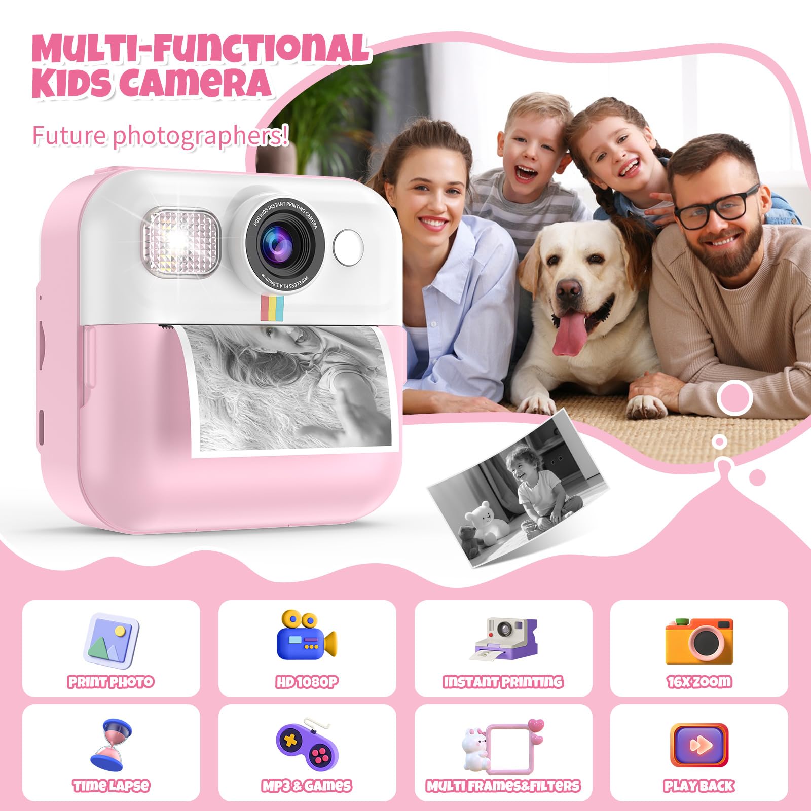 Bofidar Kids Camera,Toddler Camera Instant Print Toys,1080P Children Printable Camera,Pink Selfie Camera Christmas Birthday Gift