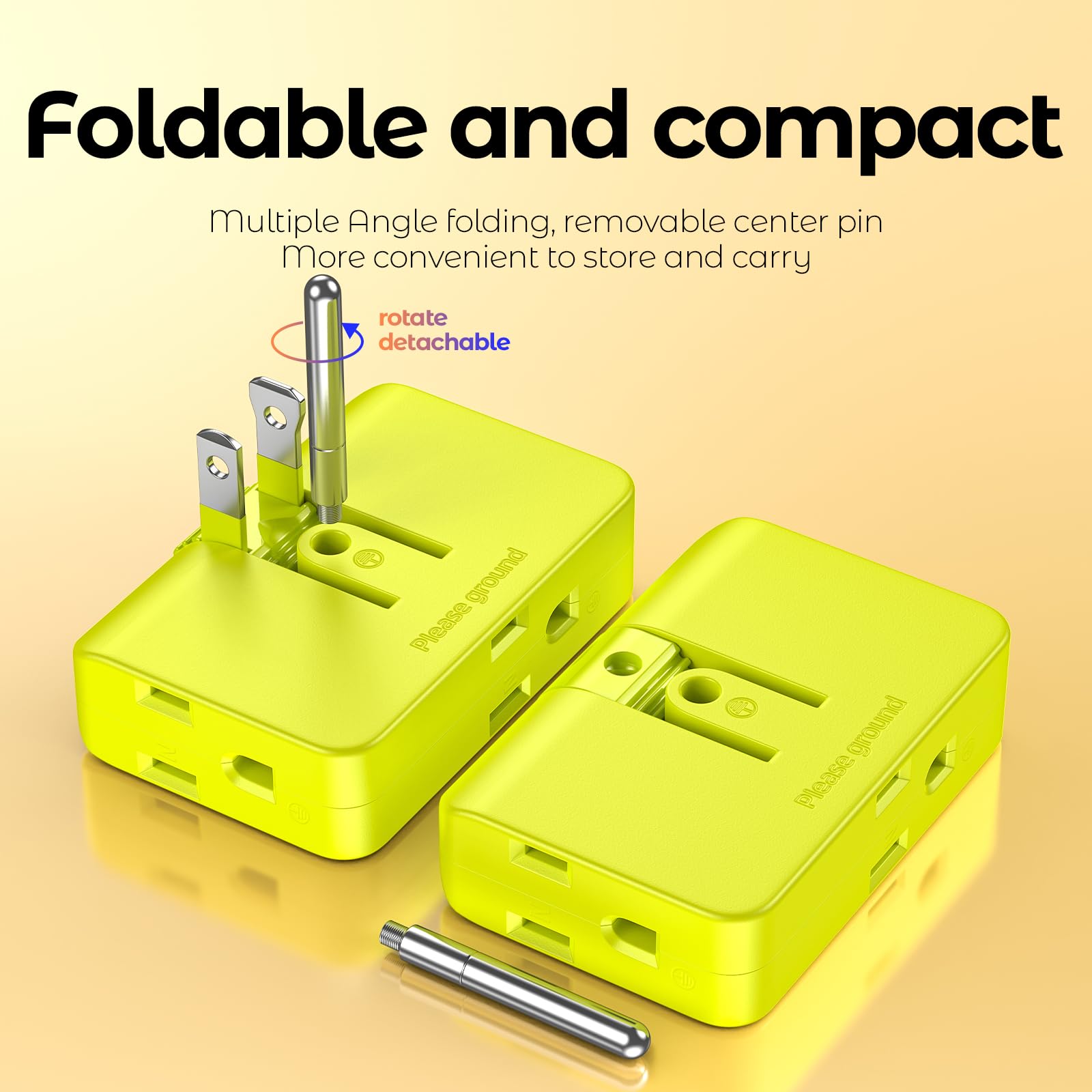 2 Pack Plug Splitter   3 Prong Wall Adapter With 2 To 3 Prong Outlet Converter, Safe & Space Saving Plug Extender, Yellow