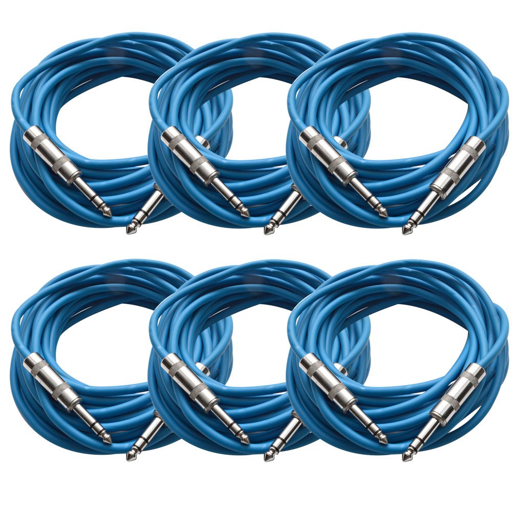 Seismic Audio - SATRX-25Blue6 - Pack of Six (6) 25 Foot Blue 1/4 TRS Patch Cable - Balanced Cord - Effects