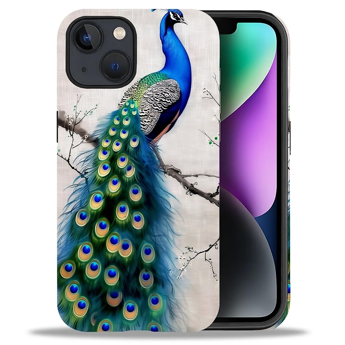 WANKBLC Compatible with iPhone 13 14 Matte Case, Cute Peacock Tree Art Pattern for Girl Full Body Design Soft Silicone Drop Shoc