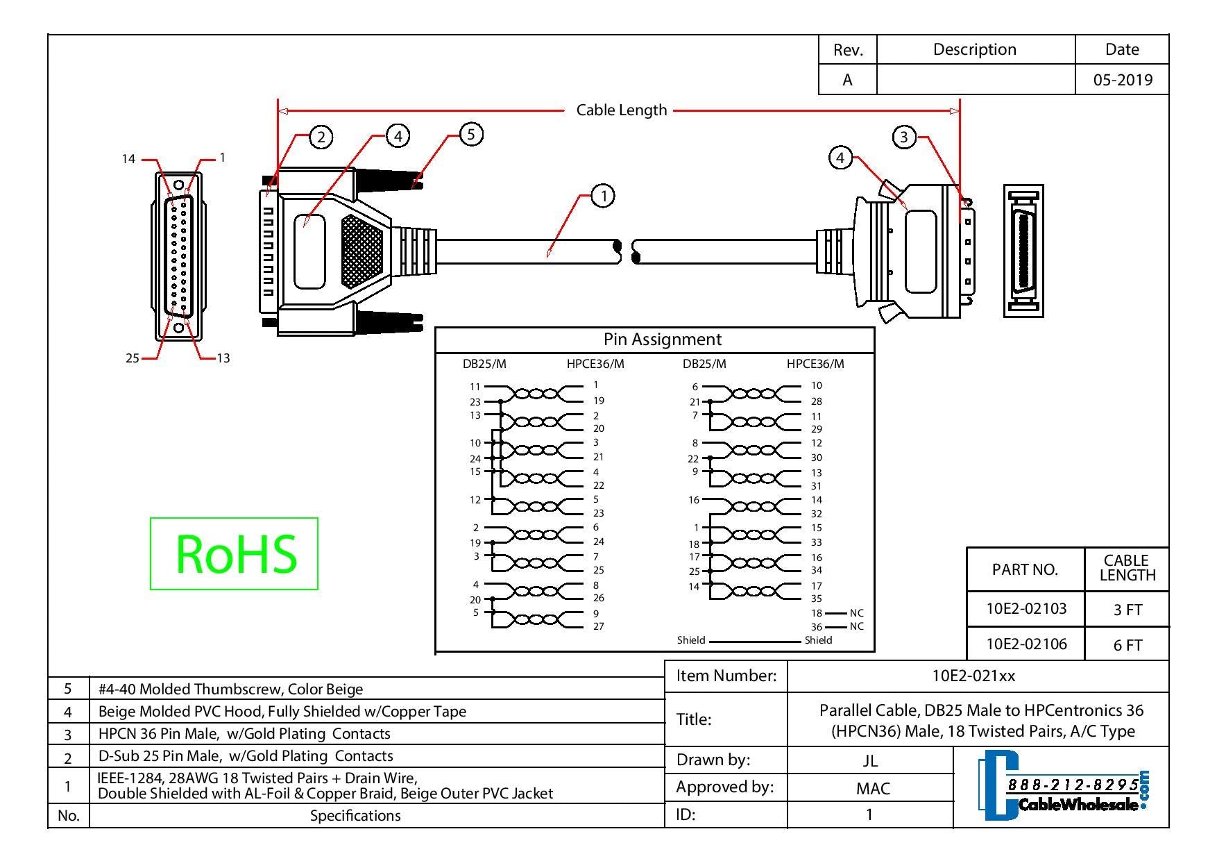 Cablewholesale Db25 To Hpcn36 Parallel Printer Data Cable, 28 Awg Double Shielded Bidirectional Printer Cable, 25 Pin Male To Mi