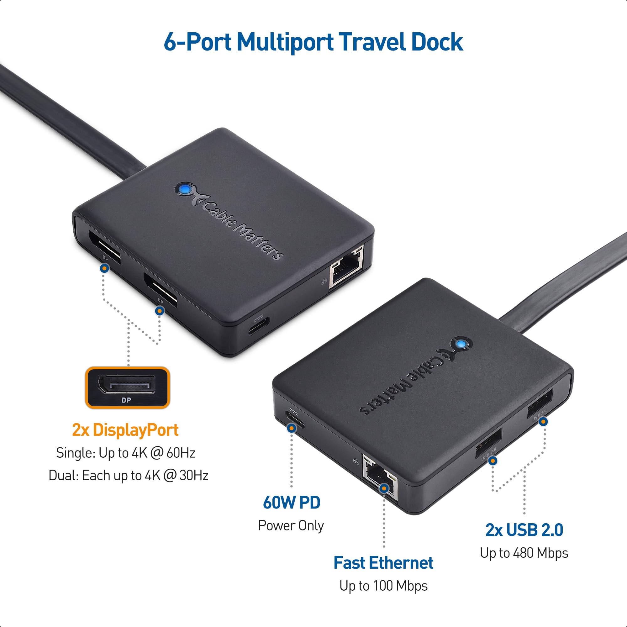Cable Matters Dual Monitor Usb C Hub (Usb C Dock) With Dual 4K Displayport, 2X Usb 2.0, Ethernet, And 60W Charging   Thunderbolt