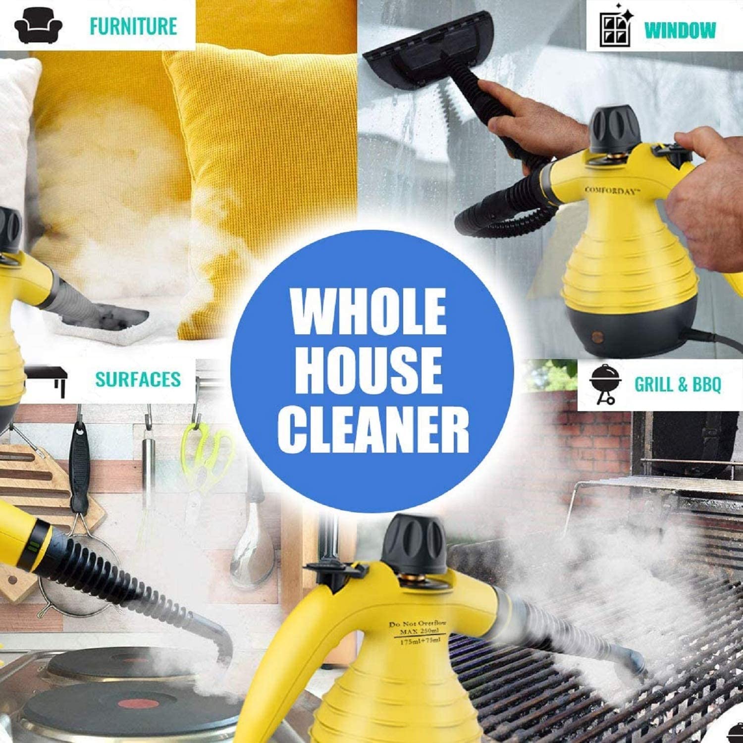 Comforday Multi-Purpose Handheld Steam Cleaner - 9-Piece Accessories, Yellow, Perfect for Stain Removal, Curtains, Car Seats, and More