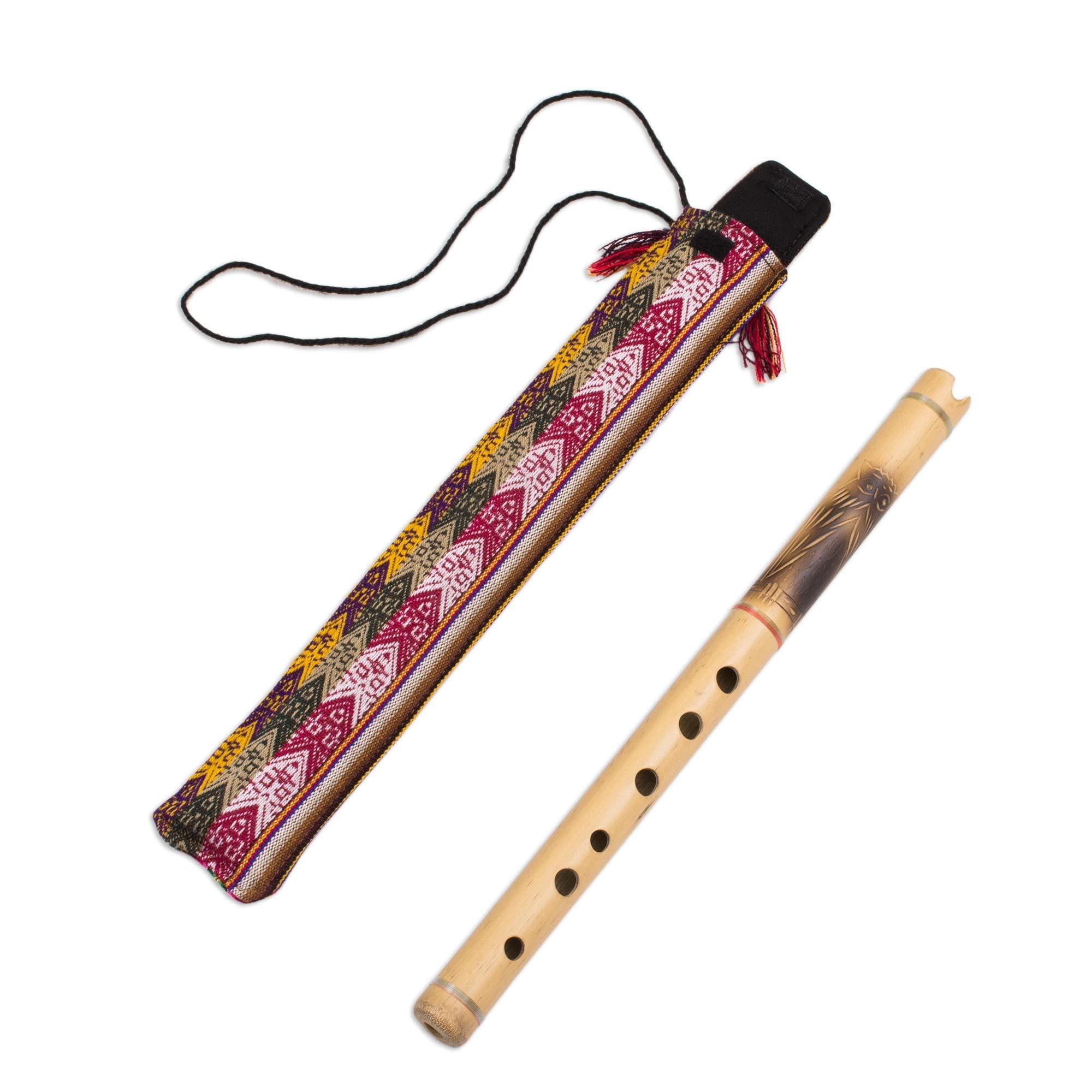 Novica Bamboo Andean Quena Flute With Owl And Textile Carrying Case, Night Owl'