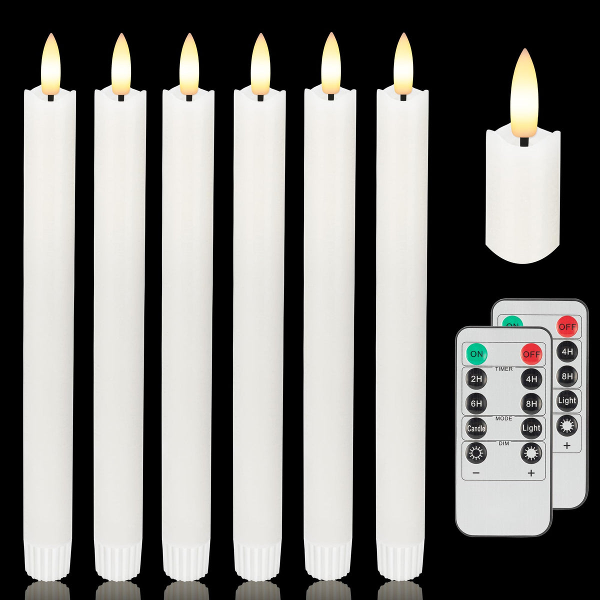 Afineth Flameless Taper Candles With Two Rmote, 9.6'' Real Wax Battery Operated Candles With 3D Wick, 6 Pack Led Candles Flicker