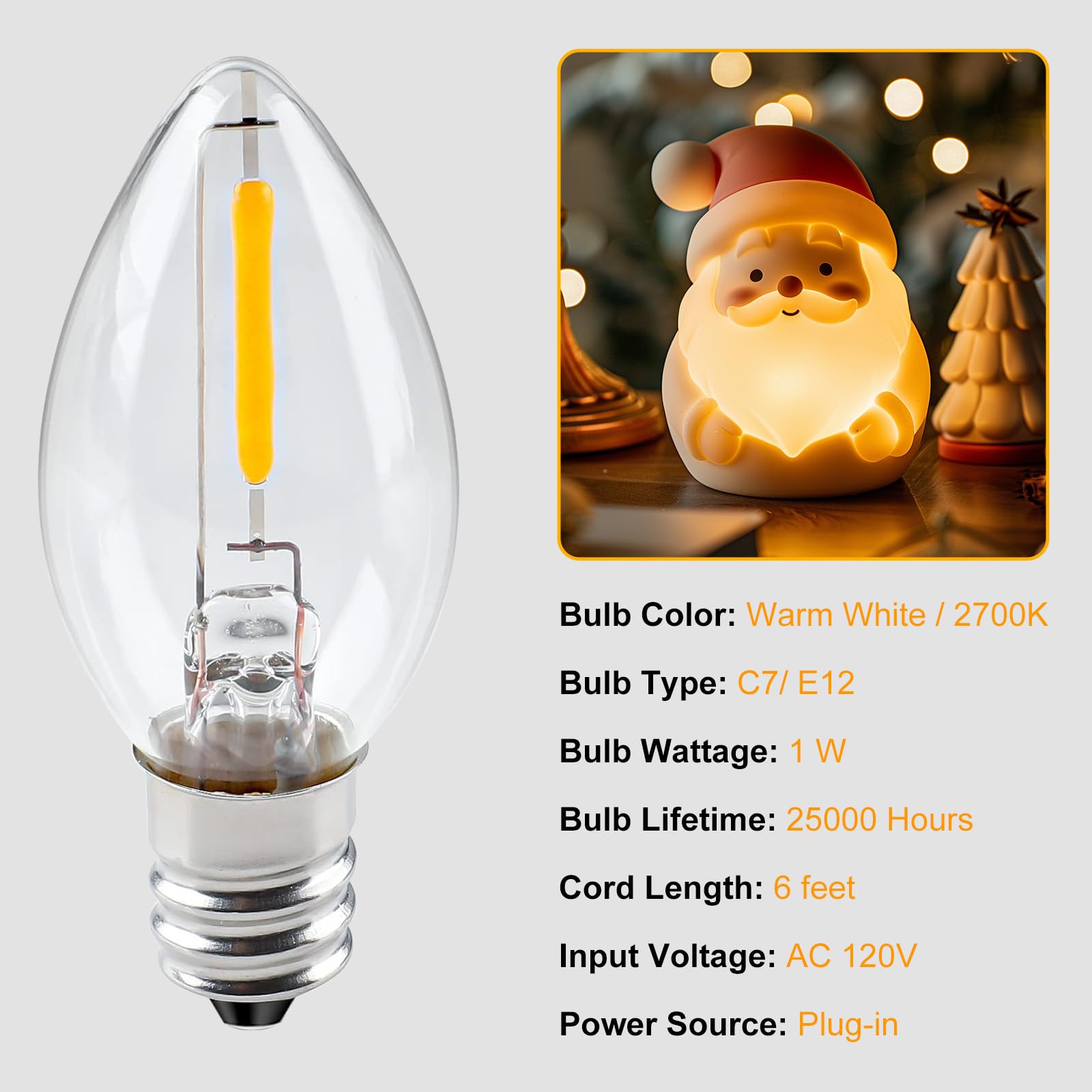 Minetom 6 Ft UL Listed White Accessory Cord with C7 LED Light Bulb E12 Socket On/Off Switch