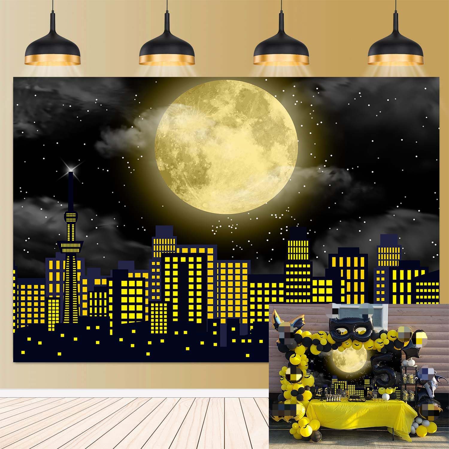 Super City Superhero Backdrop For Photography 7X5Ft Yellow Full Moon Skyline Cityscape Theme Photo Background Baby Shower Boys B