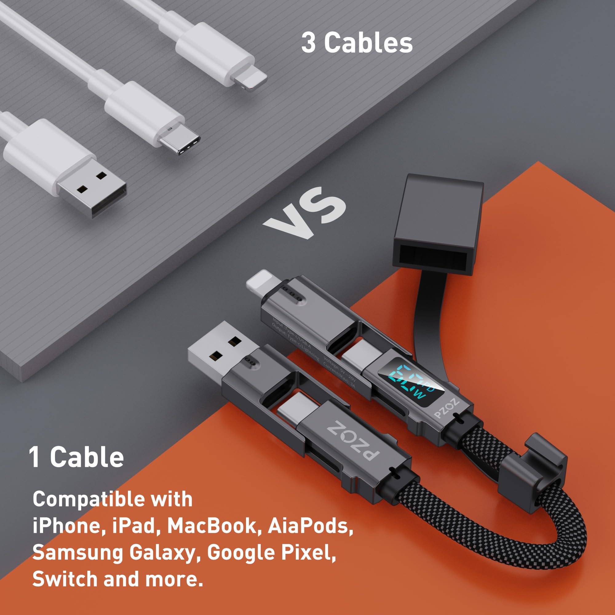 Pzoz Multi Charging Cable Keychain Charger Cable With Led Display, 4 In 1 Multi Usb C Fast Charging Combo Lightning/Type C/Usb A