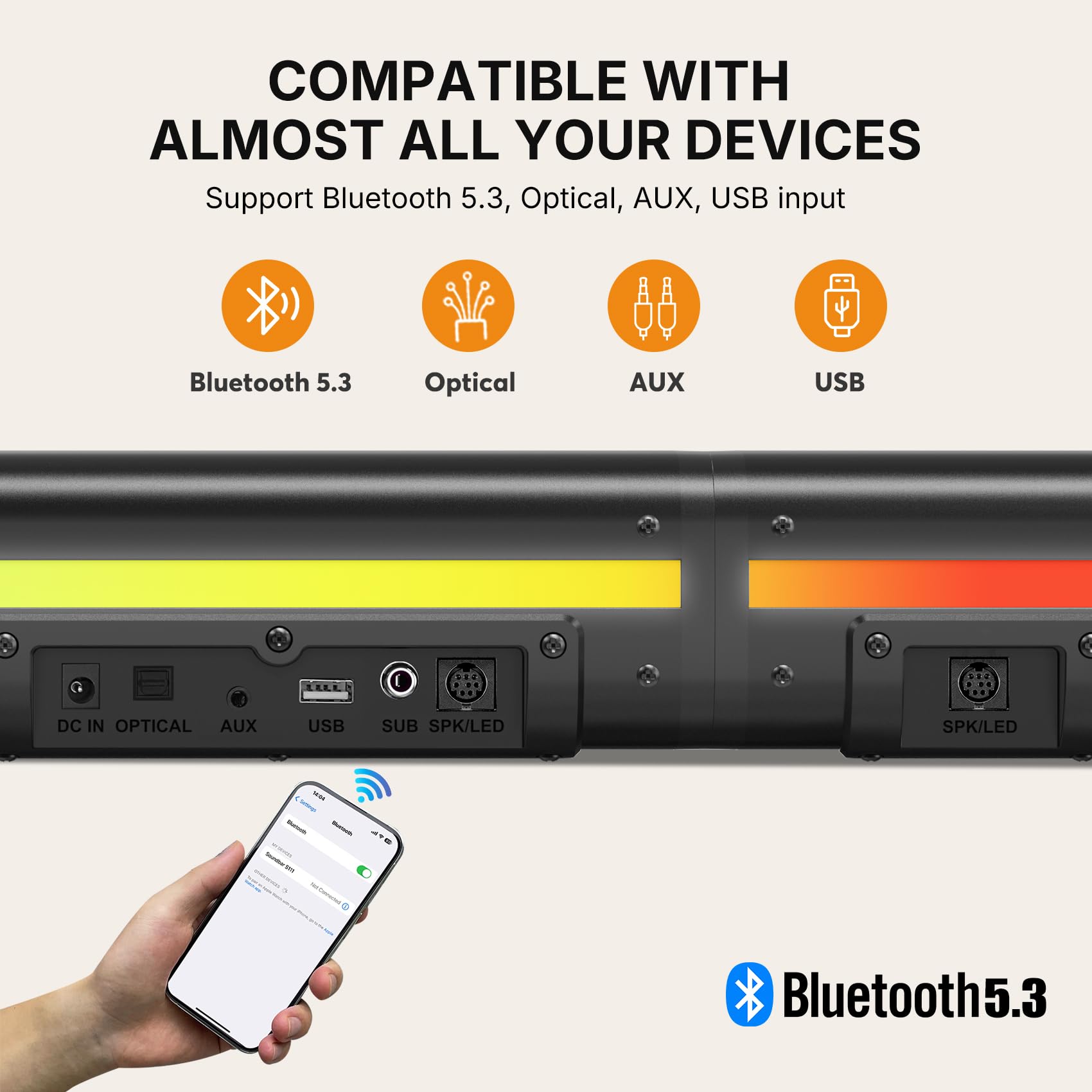 Wohome 2.1 Sound Bar For Smart Tv With 5 Inches Wired Subwoofer, 140W, 2 In 1 Detachable Soundbar With Rgb-Ic Backlight, Bluetoo