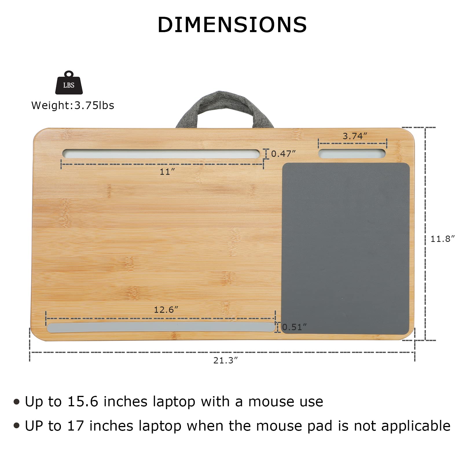 SUMISKY Laptop Lap Desk - Oversized Bamboo Stand with Cushion, Tablet Support, Mouse Pad, Fits Up to 17" - Gray, Model H0012