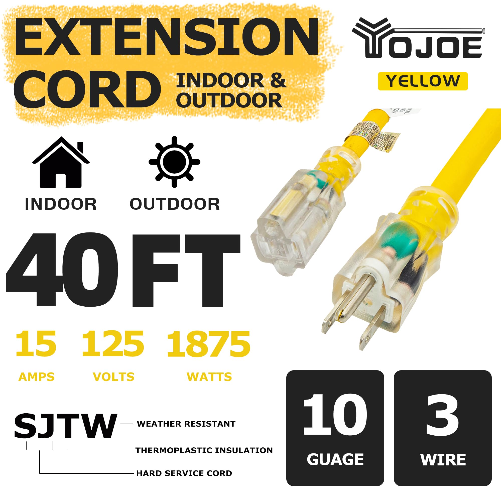 Yojoe Indoor Outdoor Extension Cord With Lighted End, 3 Prong 15A Weatherproof Power Extension Cord, 10 Gauge Heavy Duty 40 Ft Y