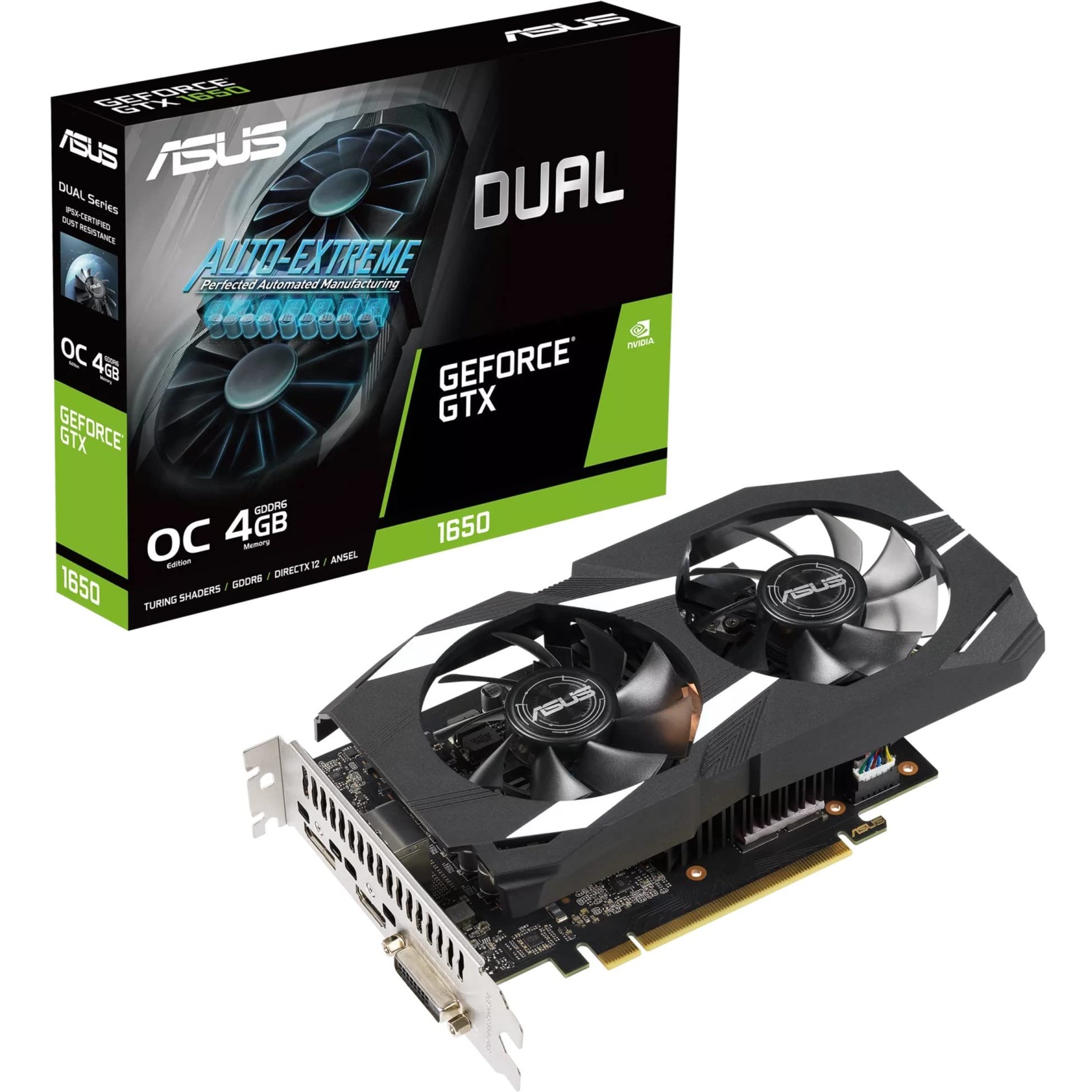 ASUS Dual NVIDIA GeForce GTX 1650 OC Edition Graphics Card (PCIe 3.0, 4GB GDDR6, HDMI 2.0, DisplayPort 1.4a, IP5X Dust Resistanc