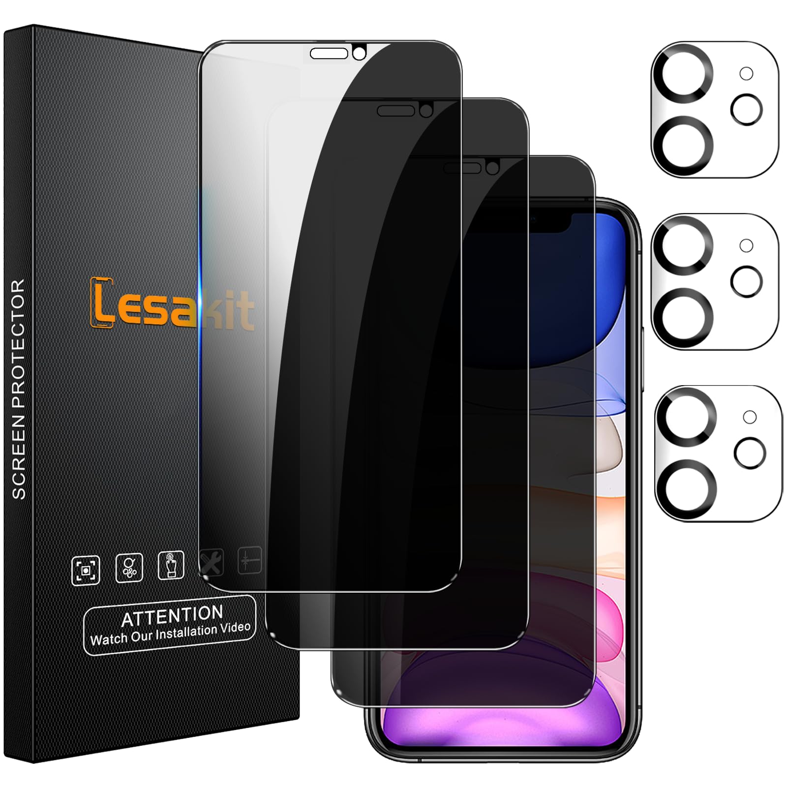 Lesakit 3+3 Pack Privacy Screen Protector For Iphone 11 6.1 Inch With 3 Pack Camera Lens Protector, Anti Spy Tempered Glass Film