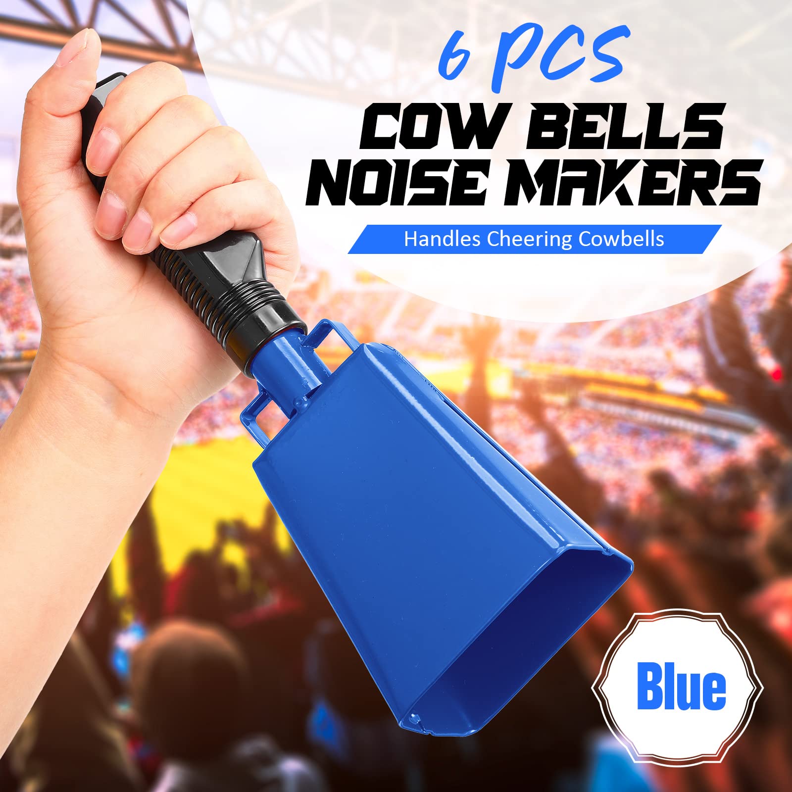 6 Pack Blue Cow Bell Noise Makers With Handles, Cowbell Cheering Bell For Sporting Events, Football Games, Large Solid School, M