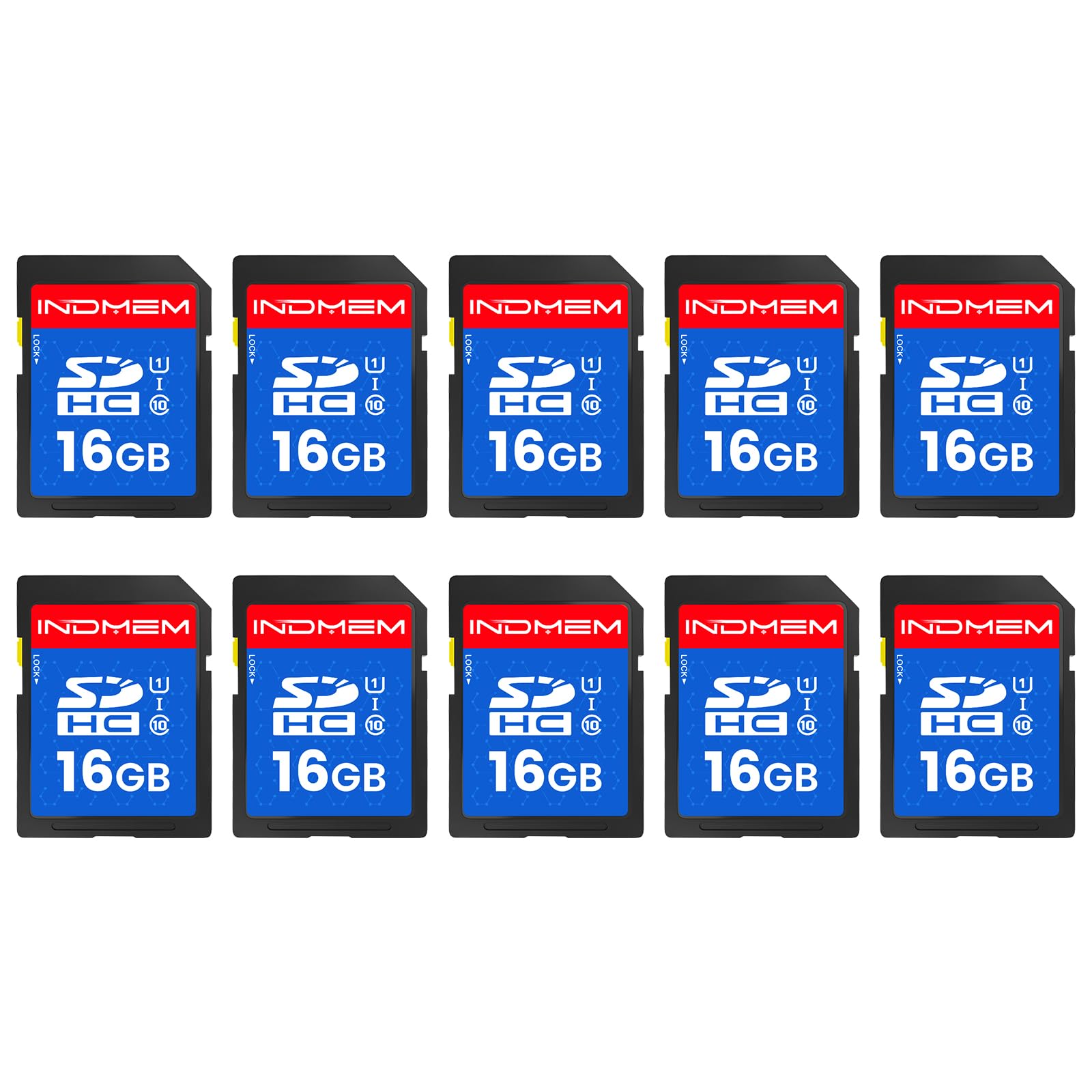 INDMEM SD Card 16GB, 10-Pack UHS-I Class 10 MLC Flash Memory Card, High-Speed Secure Digital Cards for Cameras, DSLR, Action Cam