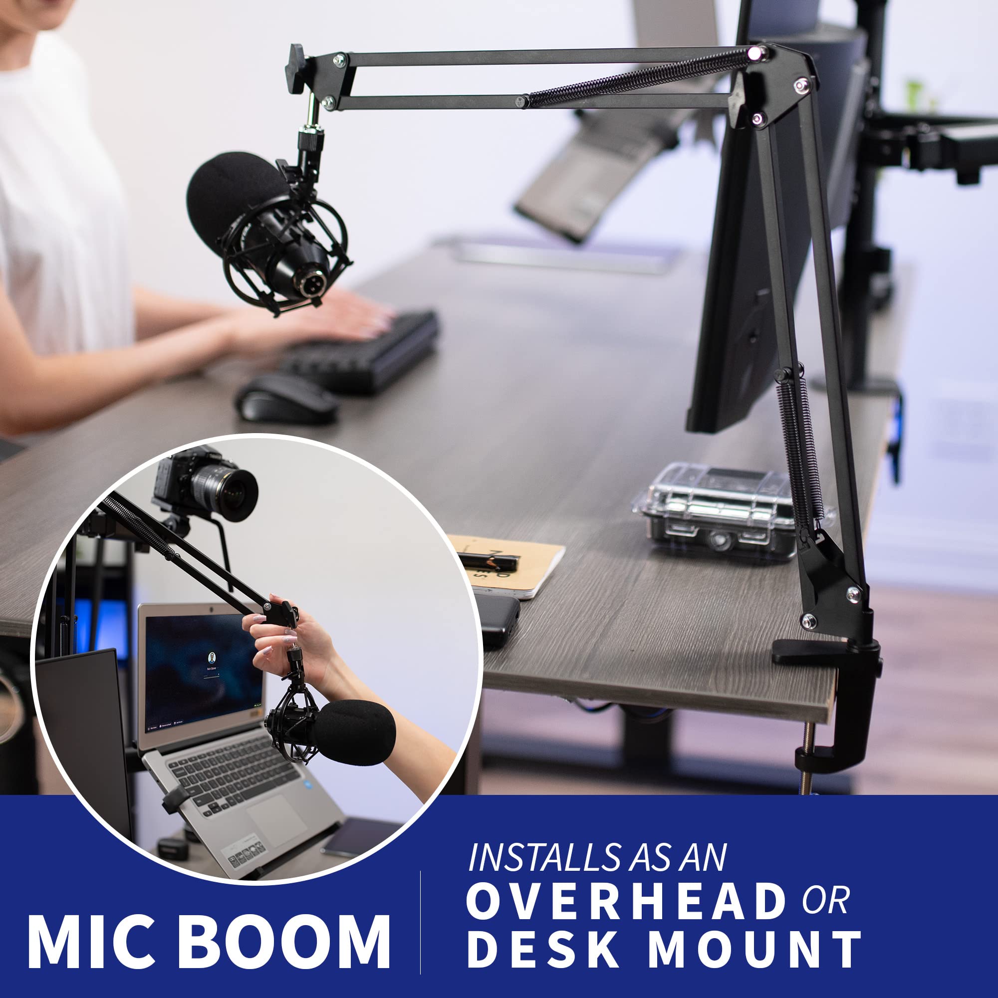 Vivo All In One Computer Studio Desk Mount, Mic Boom, Dual Monitor Mount Up To 32 Inches, Laptop Stand, Livestream Arms Compatib