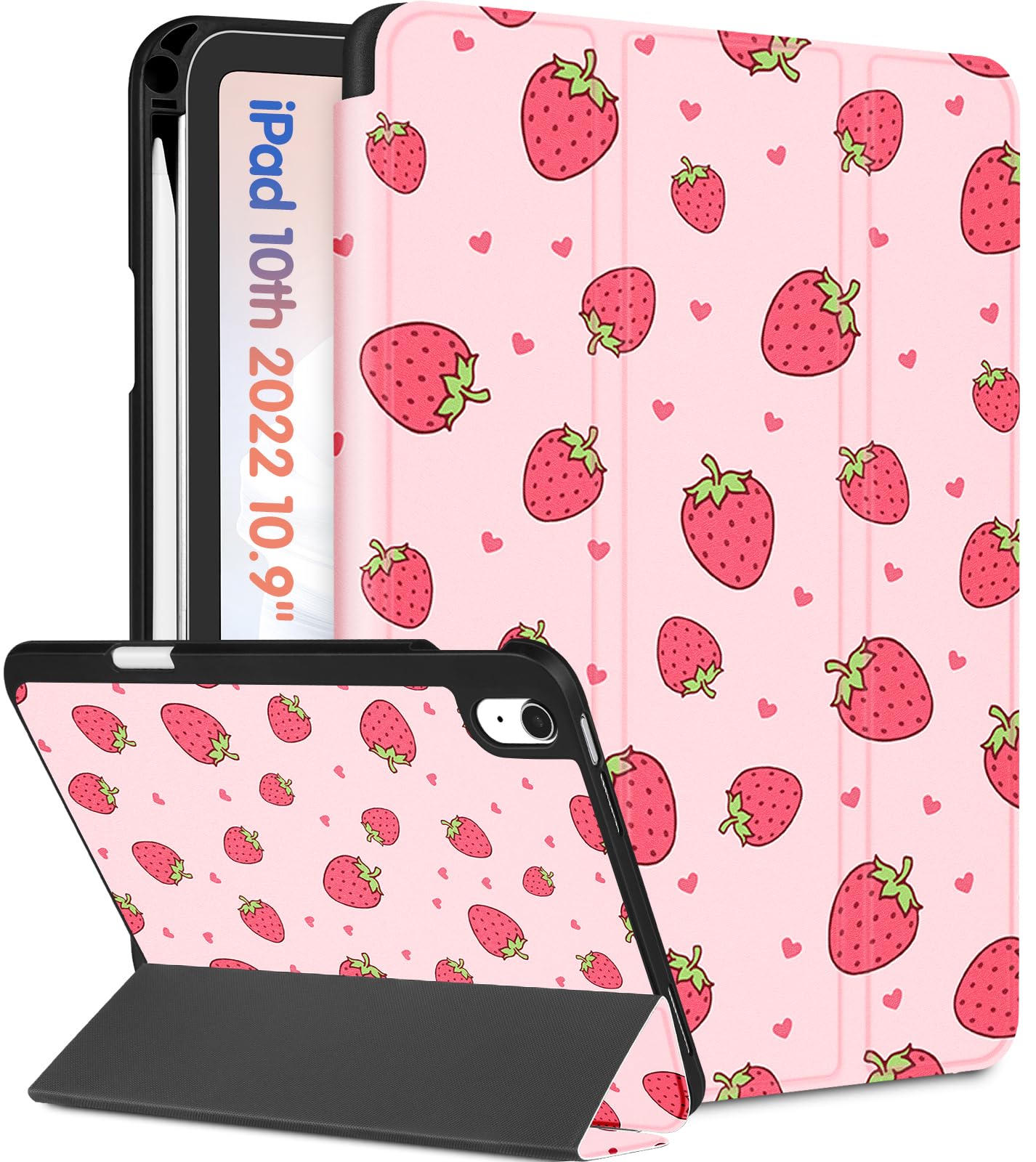 Wazzasoft For Apple Ipad 10Th Generation Case 10.9 Inch Cute Women Girls Kids Folio Cover Girly Kawaii Strawberry Design Pencil