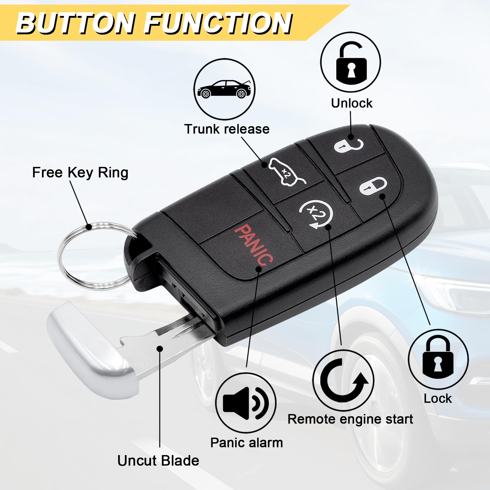 Vurkcy 5-Button Key Fob Replacement For 2014-2022 Jeep Grand Cherokee, 433 Mhz, Plastic + Metal, 2Pcs
