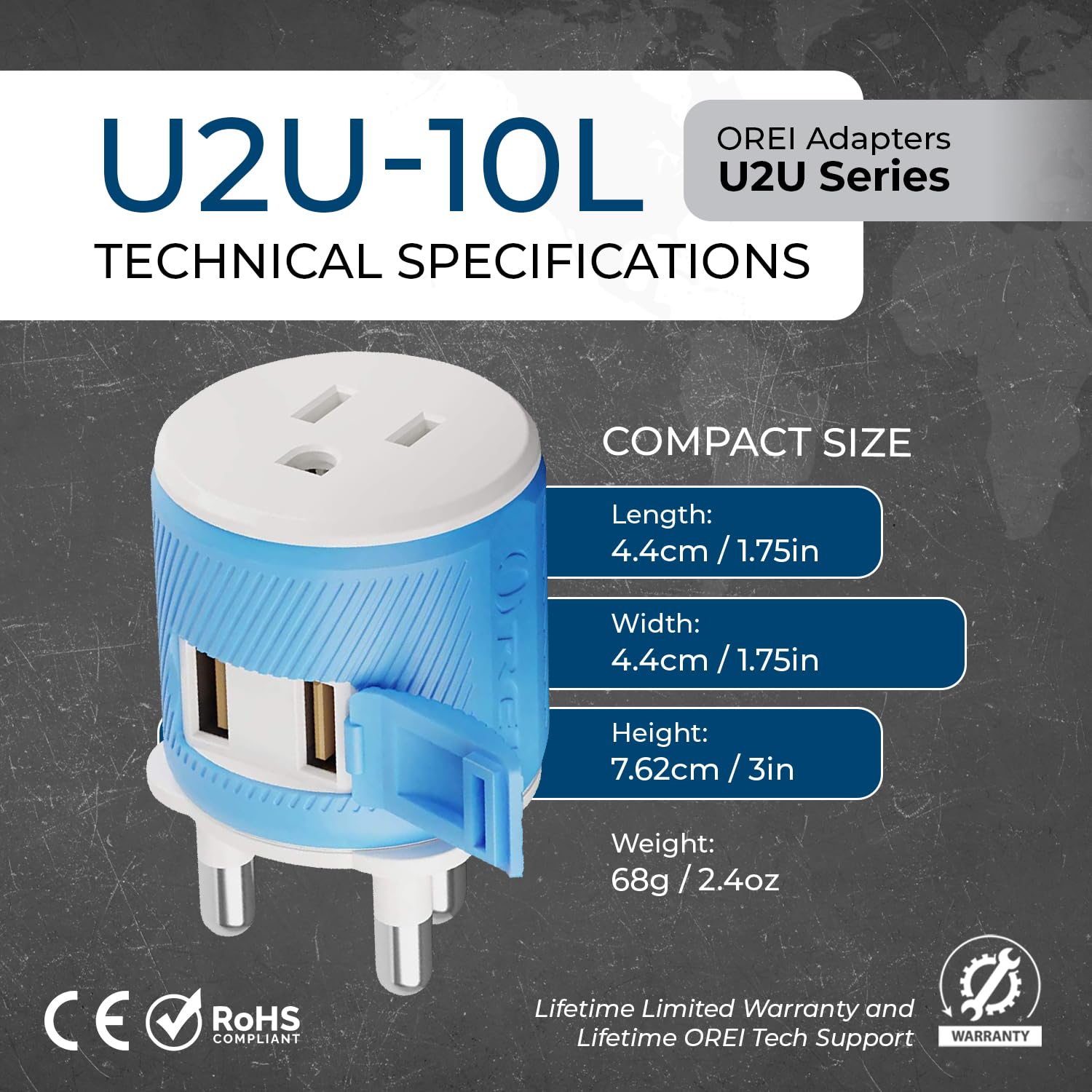 Orei South Africa, Botswana, Namibia Travel Plug Adapter With Dual Usb - Usa Input - Type M (U2U-10L), Will Work With Cell Phone