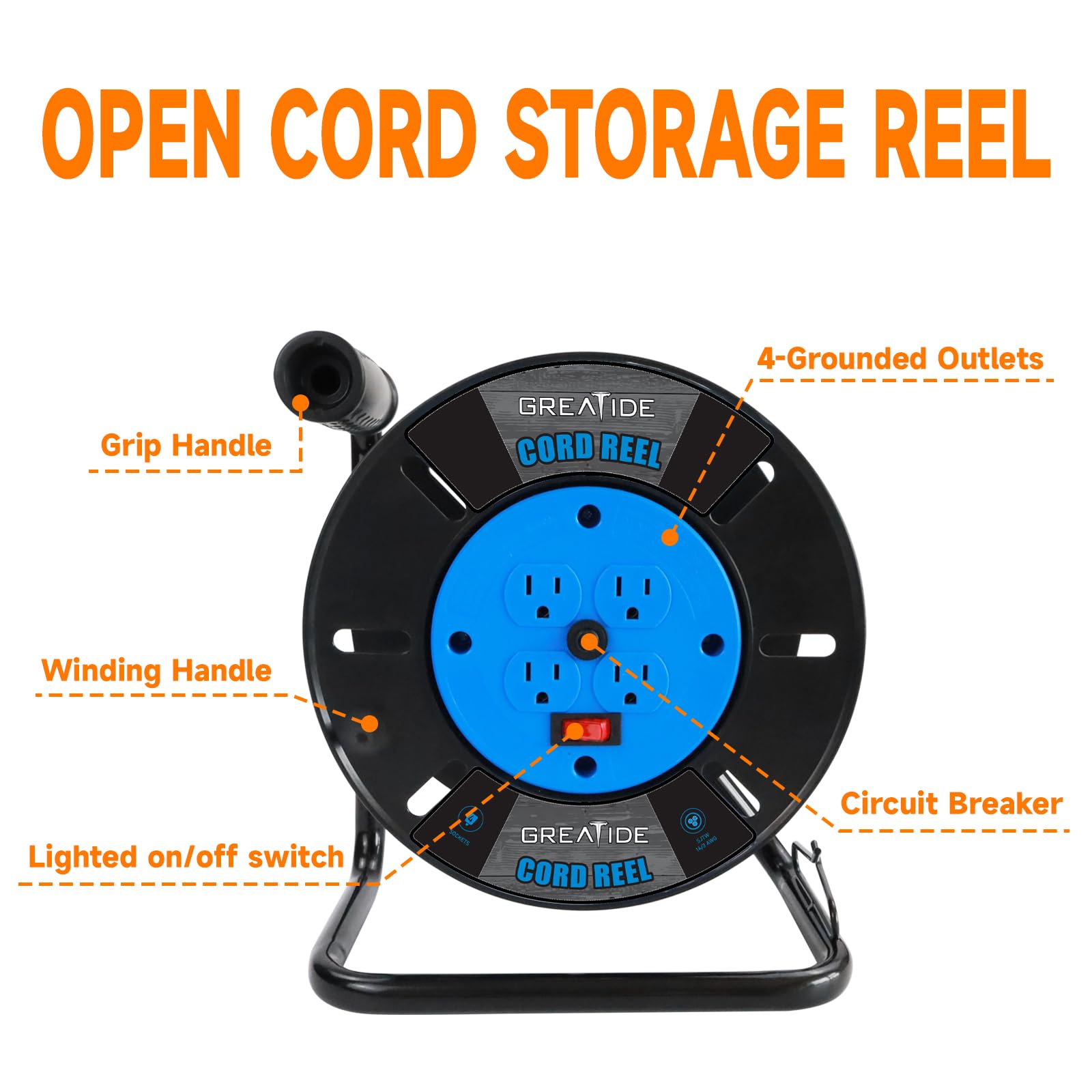 GREATIDE Heavy Duty Extension Cord Storage Reel 4 Grounded Outlets 10A Circuit Breaker Retractable Hand Wind Plastic Blue
