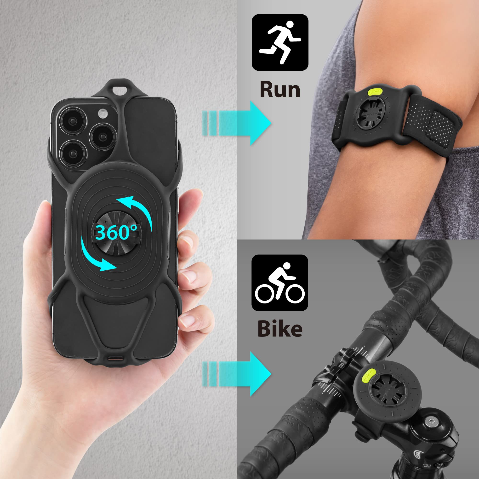 Bone Run + Bike Tie Connect Kit 2, 2-In-1 Running & Bike Phone Holder, Detachable & Rotatable 360 Sport Armband & Phone Mount Co