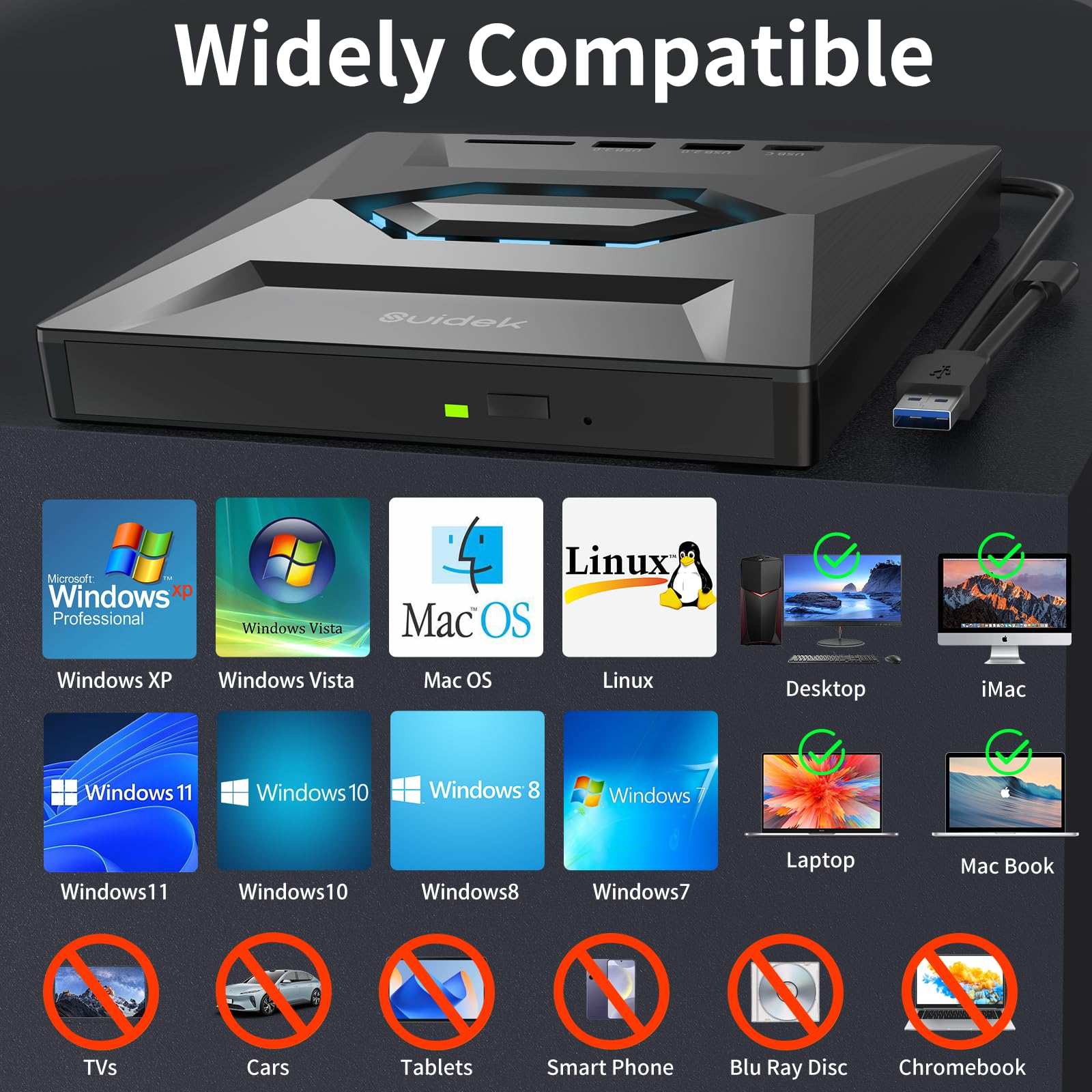 Suidek External Cd Dvd Drive For Laptop, Usb C Portable Cd/Dvd +/ Rw Burner Dvd Player For Laptop With Sd Card Reader Usb 3.0 Ty