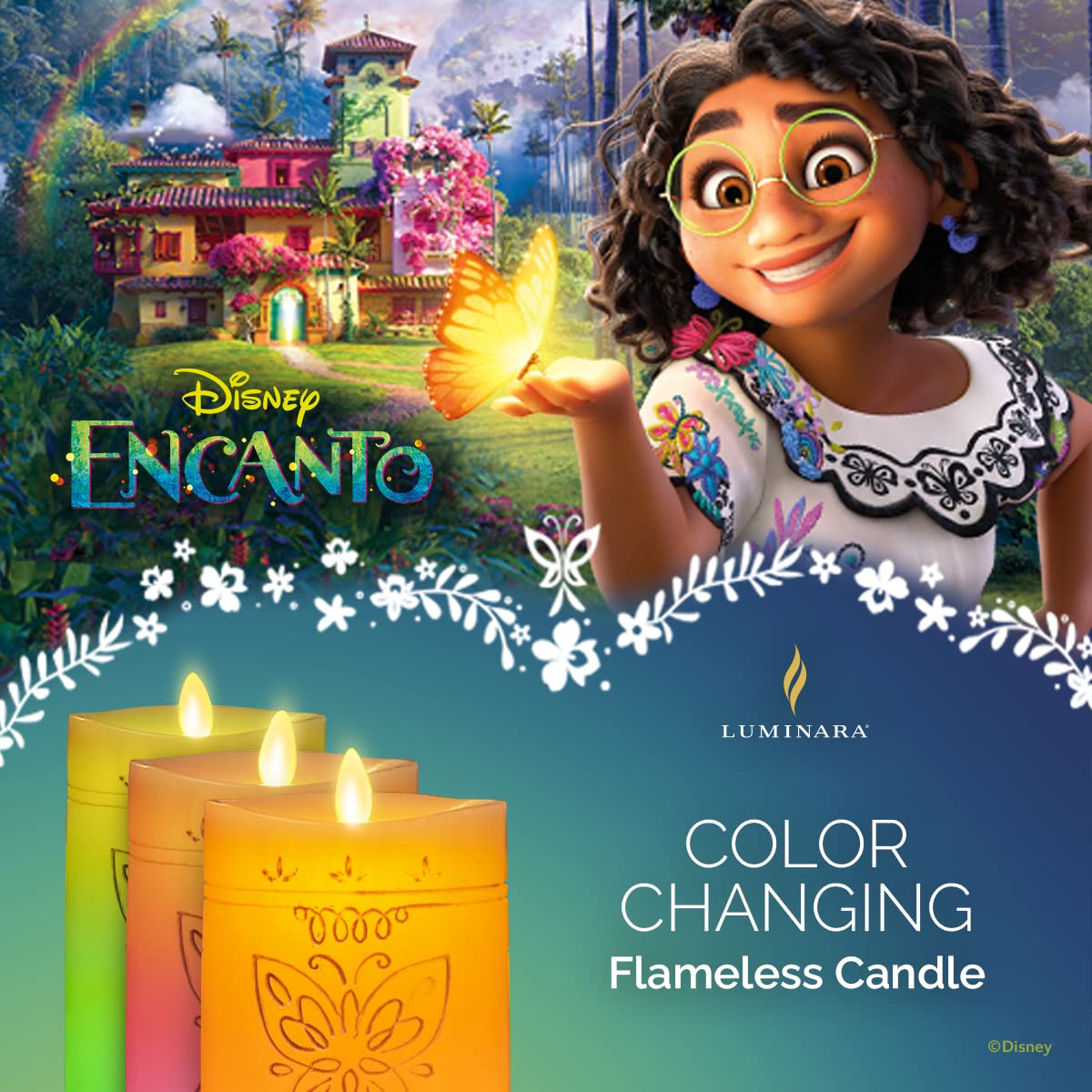 Luminara Officially Licensed Disney Encanto 12 Color Changing Flameless Candle With 18 Button Remote Butterfly Design On Real Wa