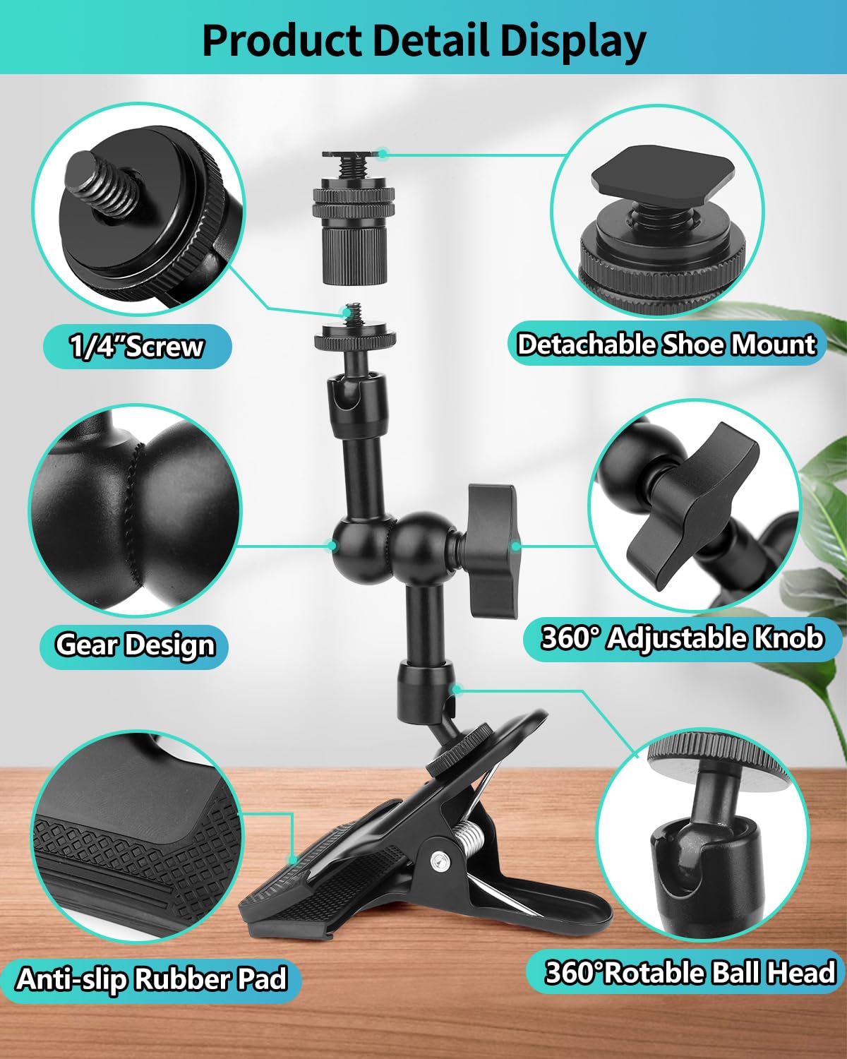 Jebutu Super Clamp Camera Clamp Mount 5.5 Inches Magic Arm With 1/4' Thread, Articulating Arm With Clamp,Tripod Camera Mount Clip Clamp With Adjustable Friction Arm For Dslr Camera, Video Light