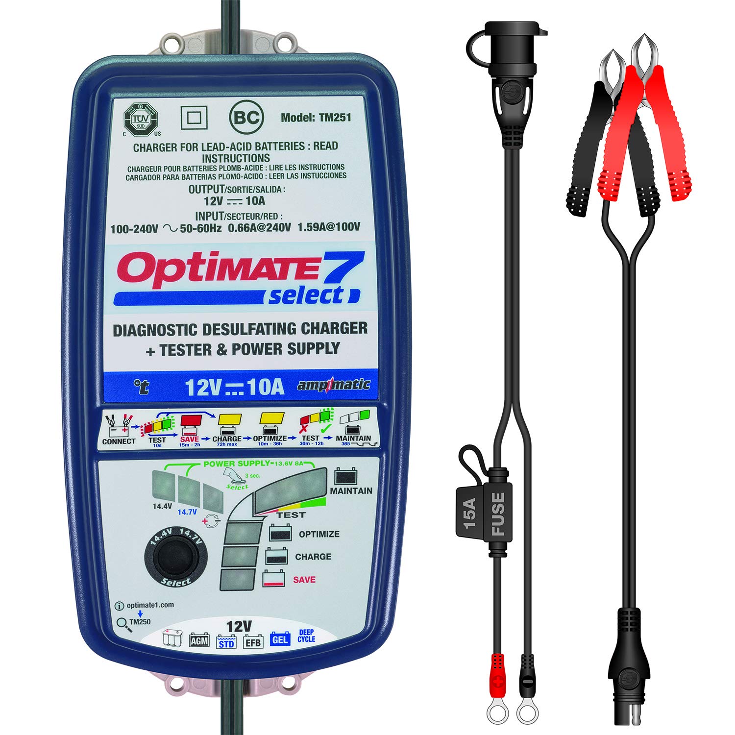 Optimate 7 Select, Tm 251, 9 Step 12V 10A Sealed Battery Saving Charger & Maintainer