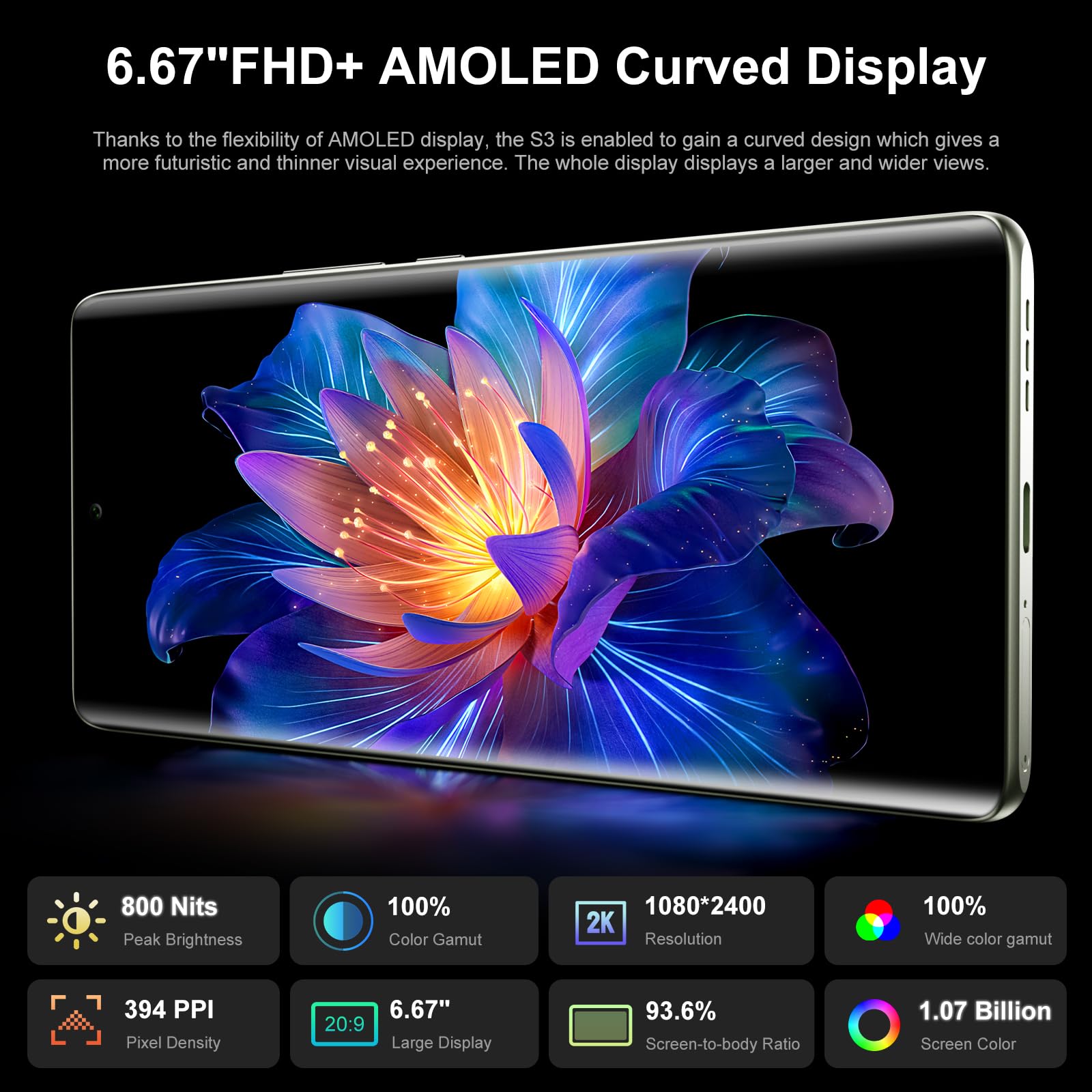 Fossibot S3 Pro Unlocked Smartphone 6.67 Fhd+ Amoled Curved Display 1.09 Functional Rear Display Mtk Helio G85 Chips 20Gb+128Gb
