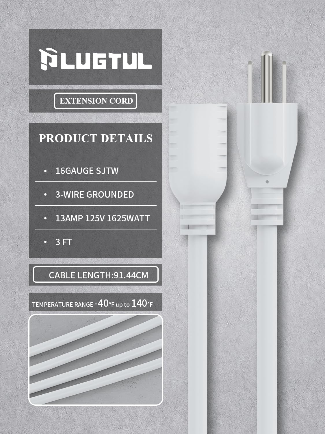 Plugtul 3 Ft Extension Cord White, 4 Pack Short Power Cord, Indoor/Outdoor 16 Gauge 3 Prong Grounded Wire Etl Listed, 13A 1625W