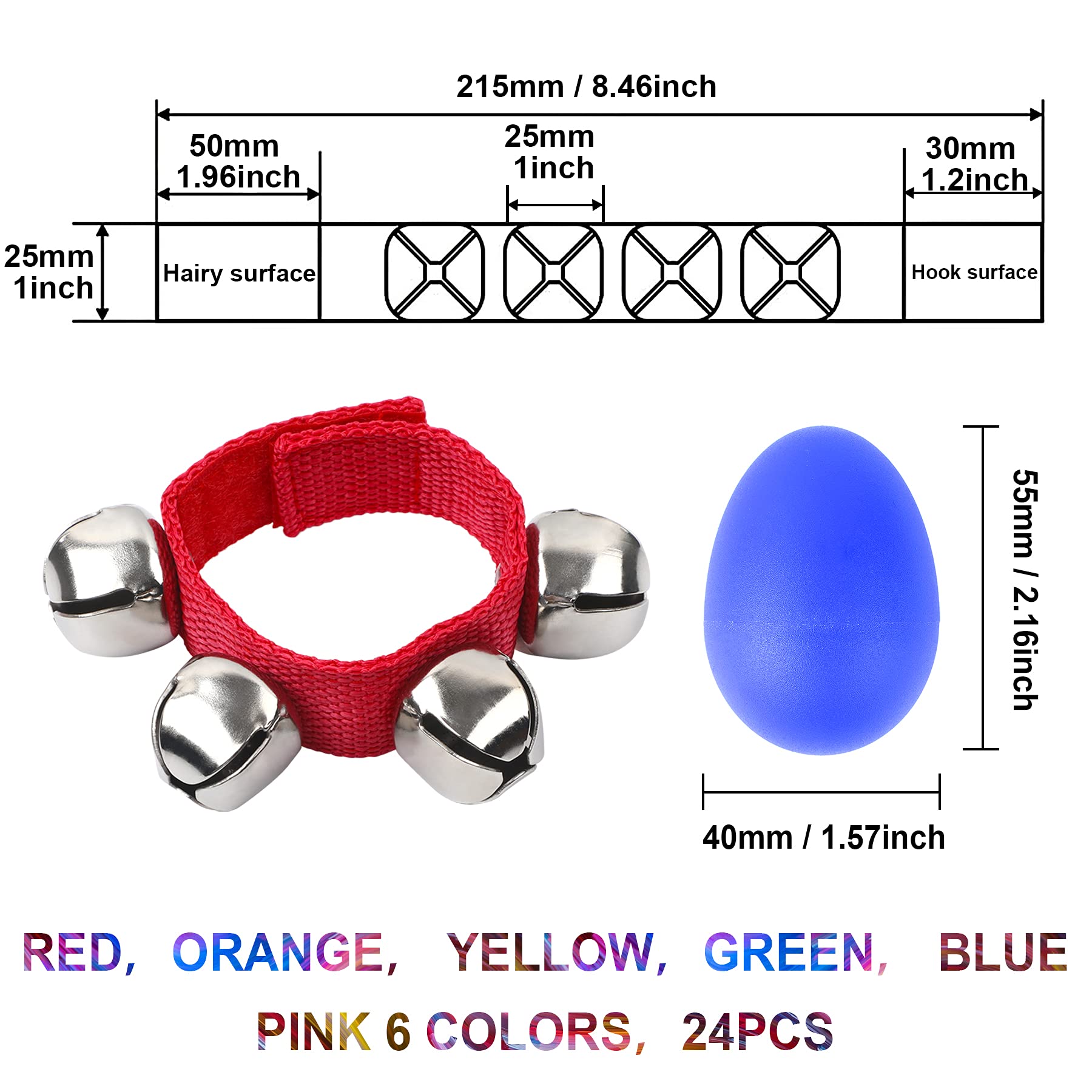 Augshy 24 Packs Shaker Musical Instruments For Kids, 12 Packs Egg Shaker And 12 Packs Wrist Hand Band Jingle Bells