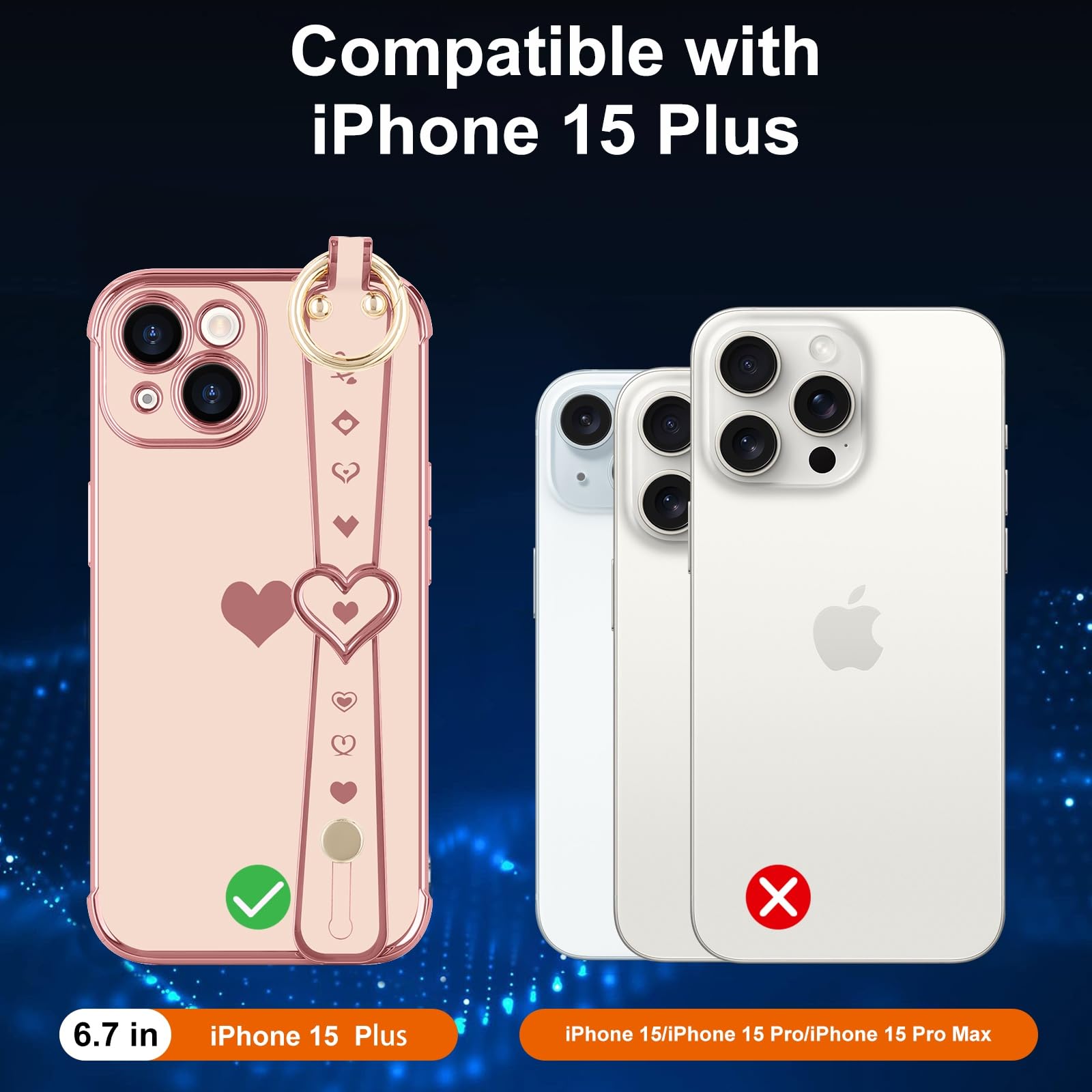 Llz.Coque For Iphone 15 Plus Case With Strap For Women Girls [2   Screen Protectors], Cute Love Hearts Design, Wristband Kicksta