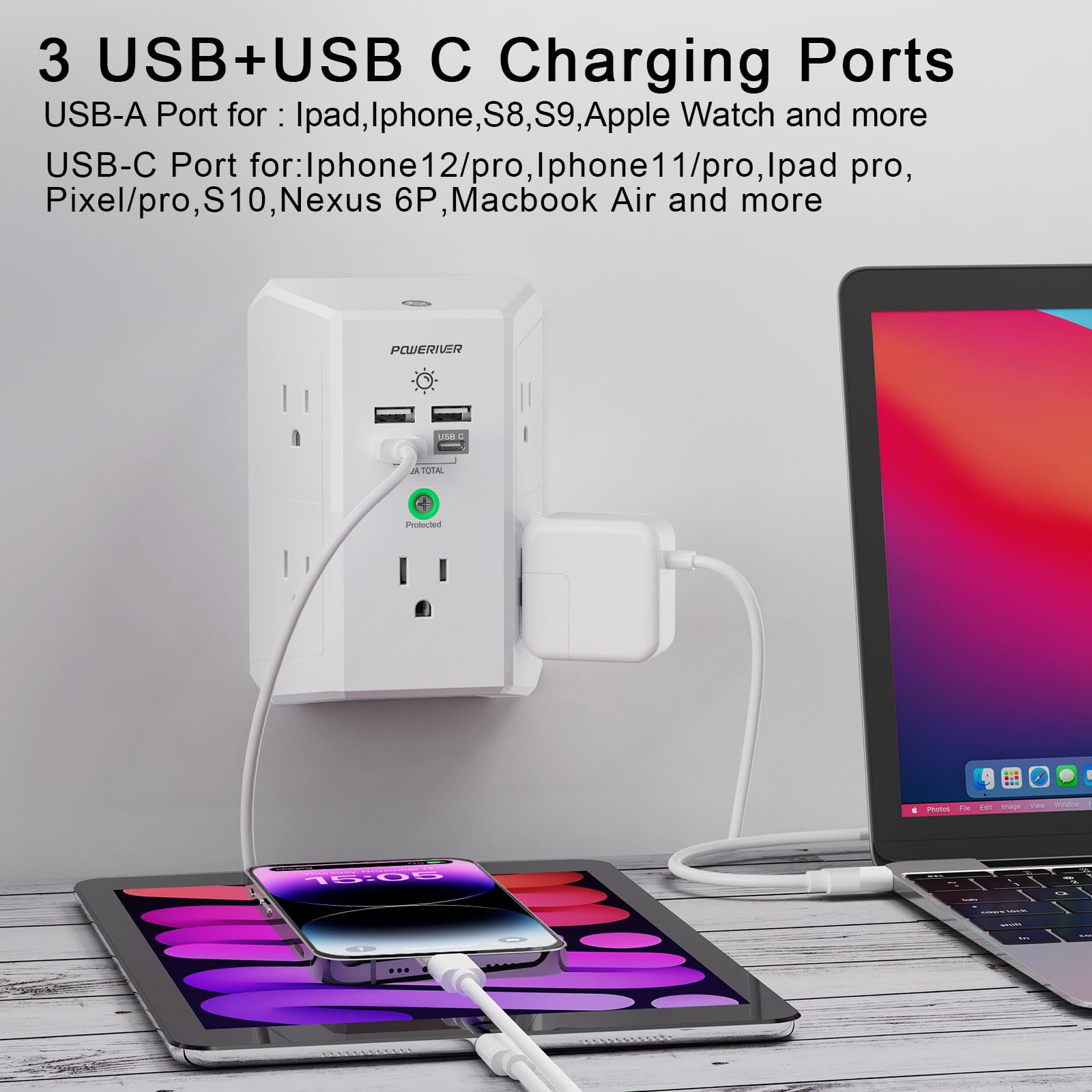 Multi Plug Outlet Surge Protector, Poweriver 5 Outlet Extender With 4 Usb Ports(1Usb C) And Night Light, 3 Sided Outlet Splitter