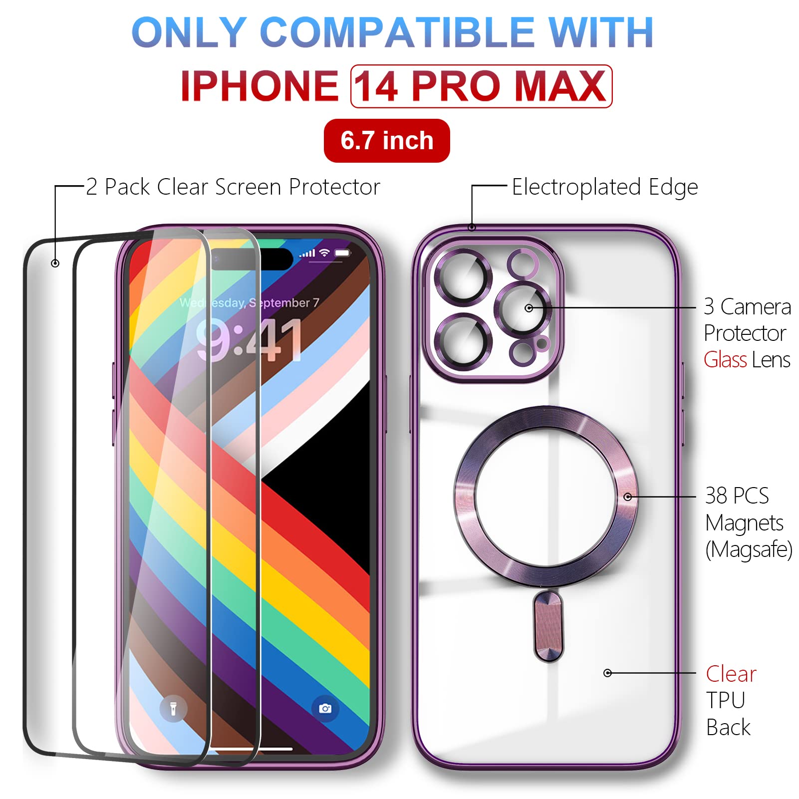 DINGKUAKE iPhone 14 Pro Max Case Magsafe Magnetic Clear Electroplated TPU Dark Purple