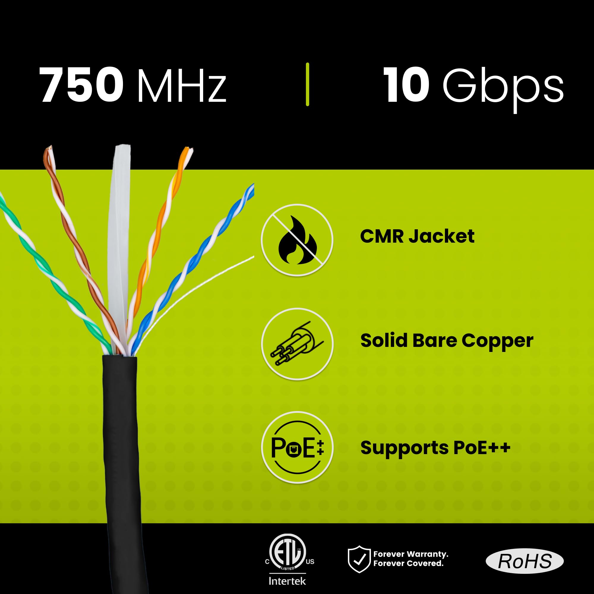 Truecable Cat6A Riser (Cmr), 1000Ft, Black, 23Awg 4 Pair Solid Bare Copper, 750Mhz, Poe++ (4Ppoe), Etl Listed, Unshielded Twisted Pair (Utp), Bulk Ethernet Cable