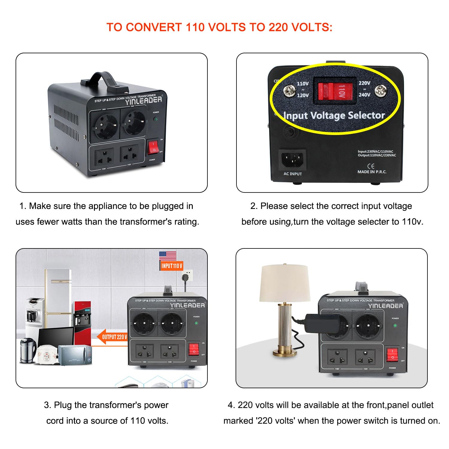 Yinleader 110V To 220V Eu Voltage Converter Transformer 1000W Step Up/Down Converter 110/120 Volt   220/230/240 Volt W/Us Power