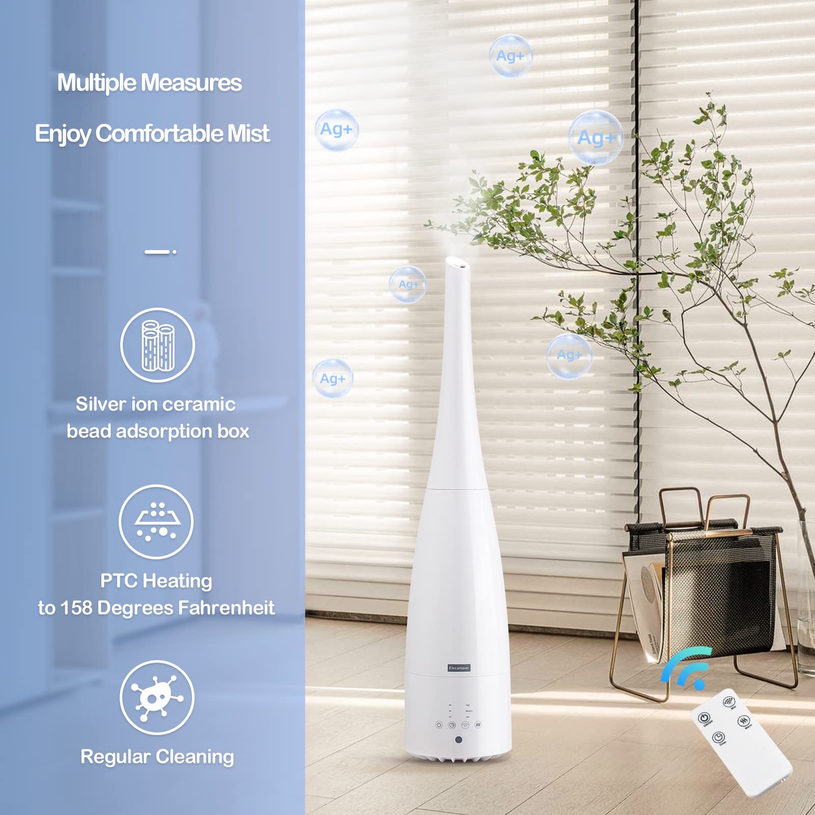 Elecameier Warm And Cool Mist Humidifier For Home/Bedroom With Remote Control 2.3L Smart Air Humidifier For Desk/Office/Bedroom