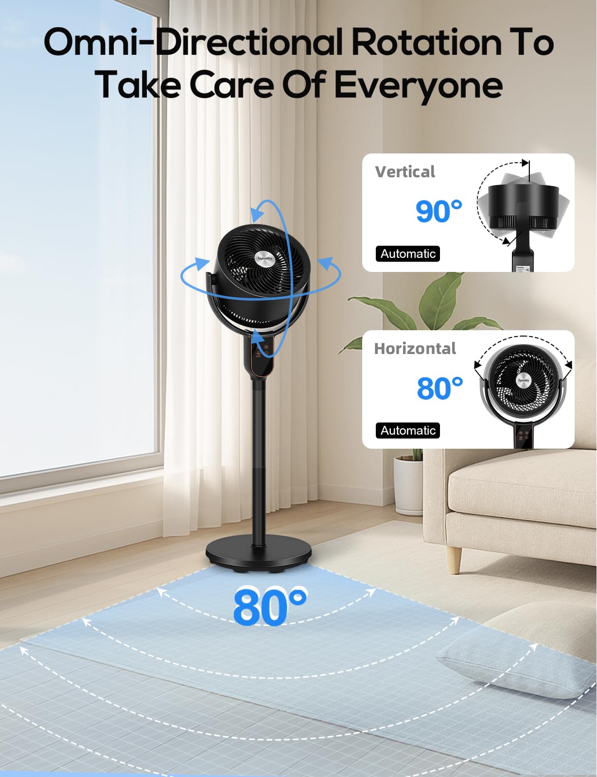 Hykolity Fan For Bedroom, 90+70 Omnidirectional Oscillating Standing Fan, 3 In 1 Pedestal & Tabletop Fan, Quiet Floor Fan With R