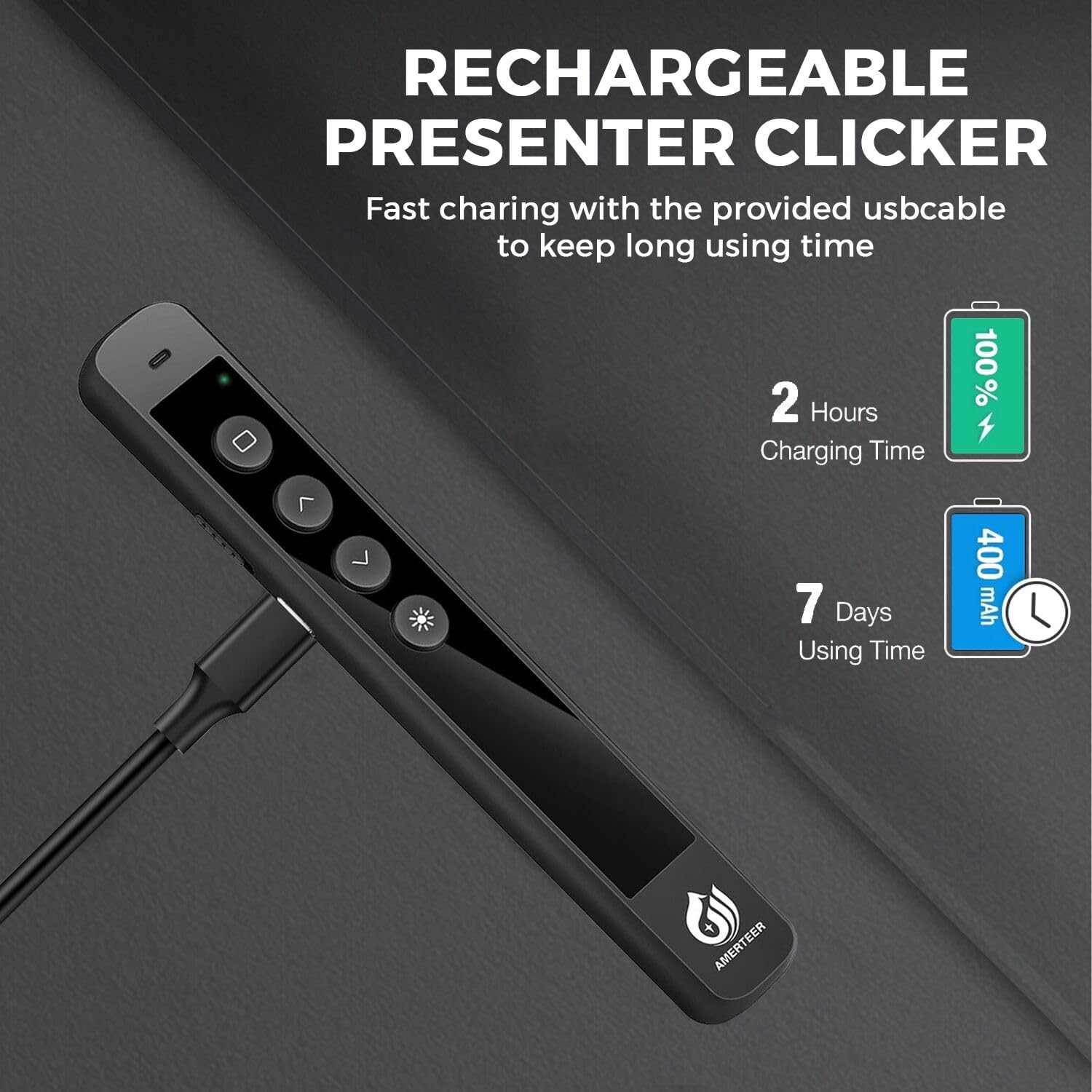 Amerteer Wireless Presenter Remote - Presentation Clicker With 2.4Ghz Rf Hyperlink & Volume Control, Built-In Rechargeable Batte